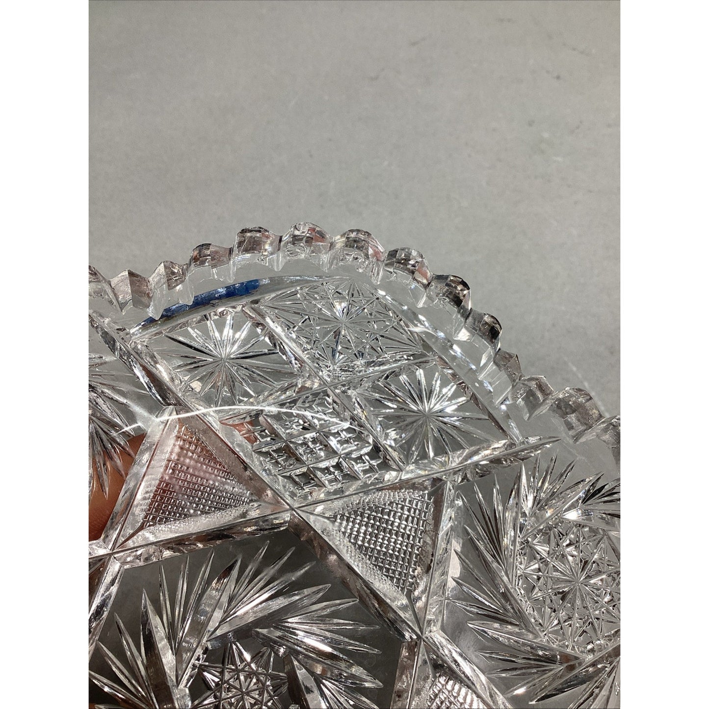 Vintage Scalloped Starburst Saw Tooth Edge Heavy Glass Candy Dish w/ Finger Loop