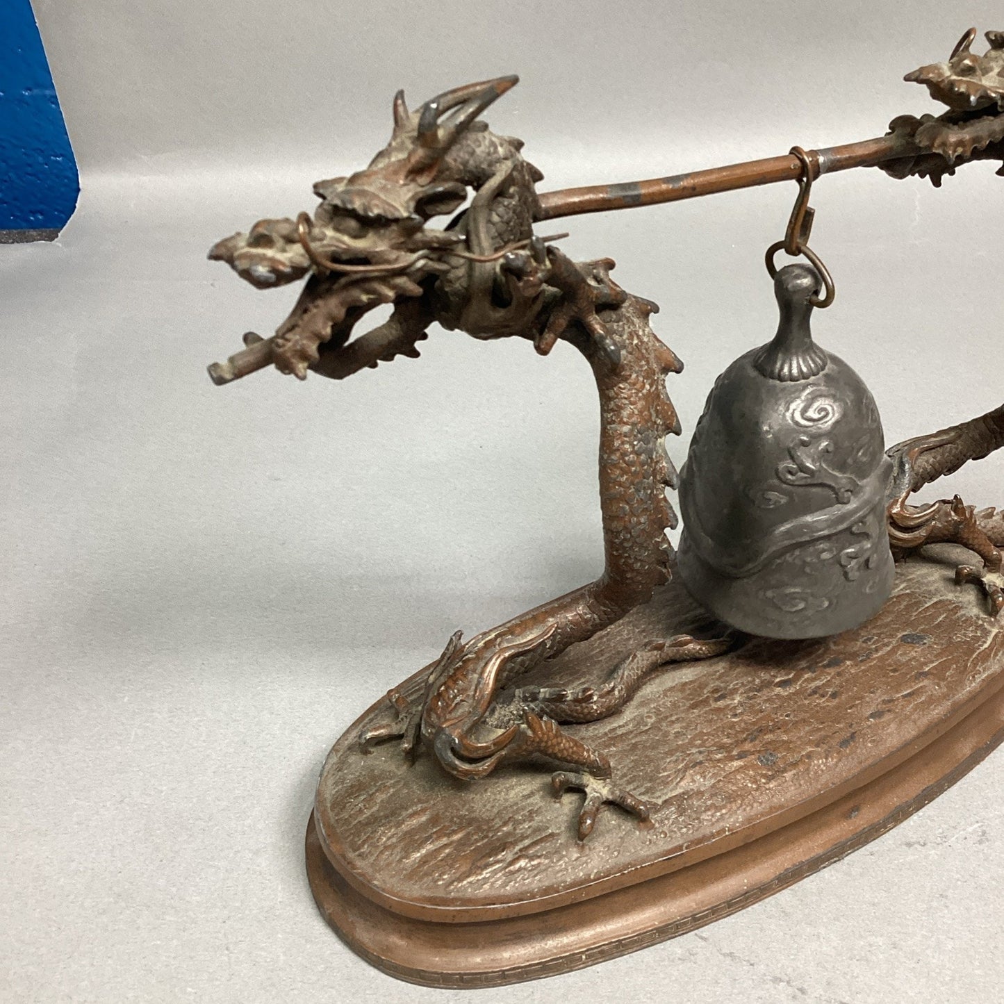 Vintage Chinese Bronze Dragons W/ Suspended Bell Statue Figurine - 8.5x3.5x7”