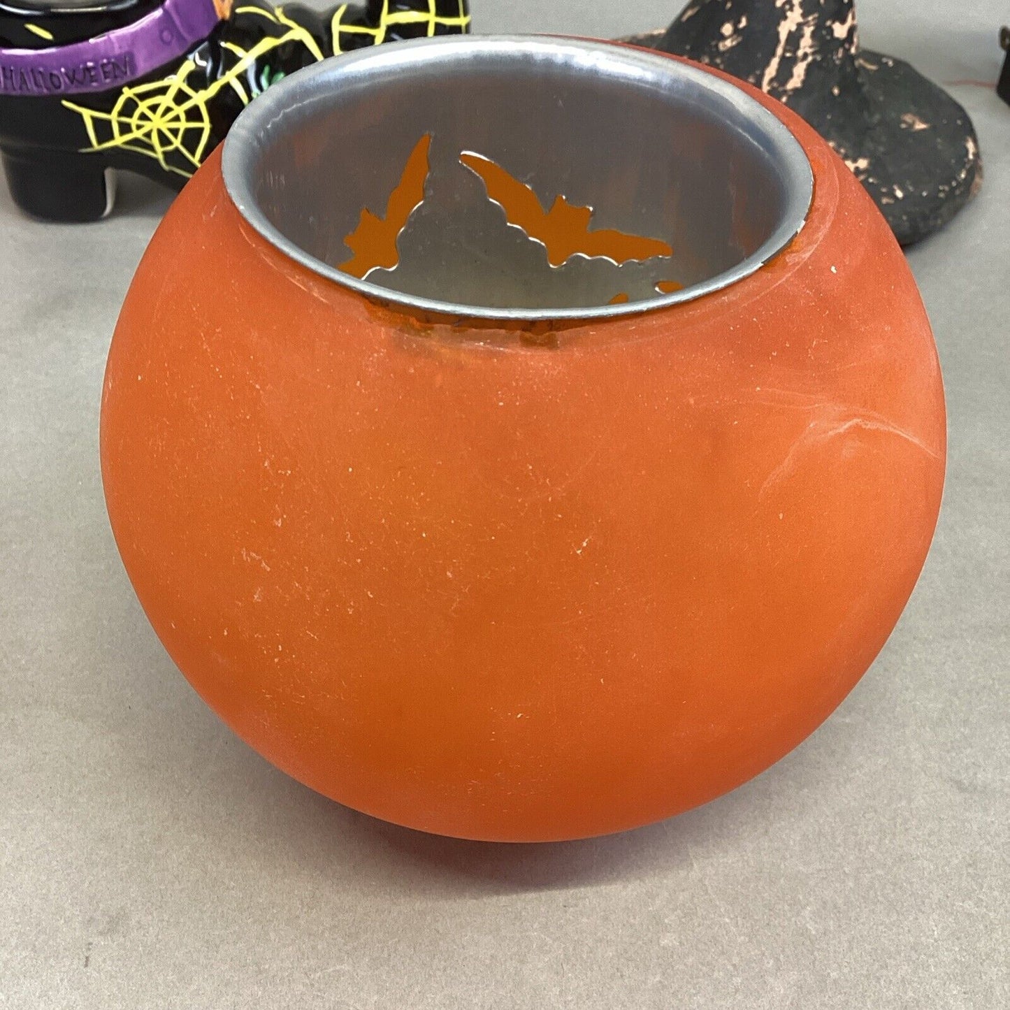 Lot Of 6 - 2 Orange Glass Candle Holders, Shoe Candle Holder, Plush Cat, Witch
