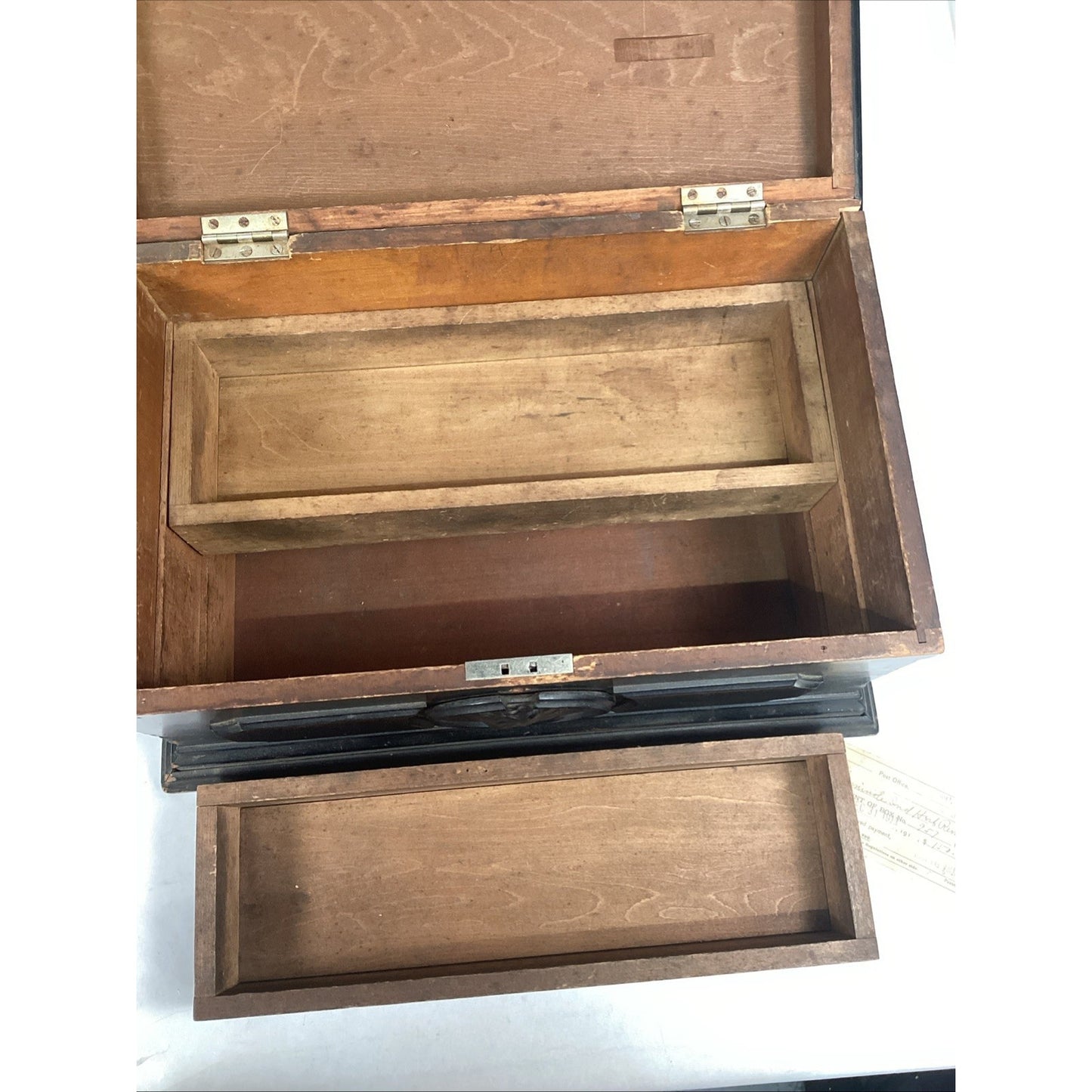 Antique 1880’s Victorian Wooden Document Chest W/ Carved Cameo & A 1913 Paper