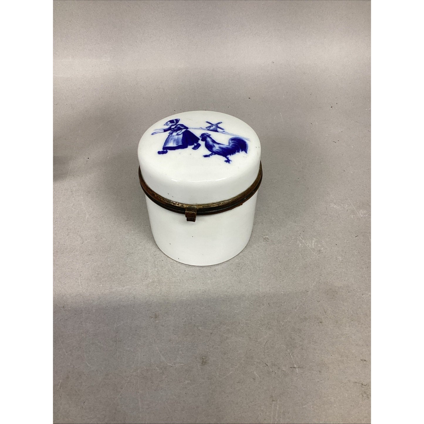 Antique Flow Blue Delft Style White Milk Jug Sailboat, Windmill Cup & Lidded Jar