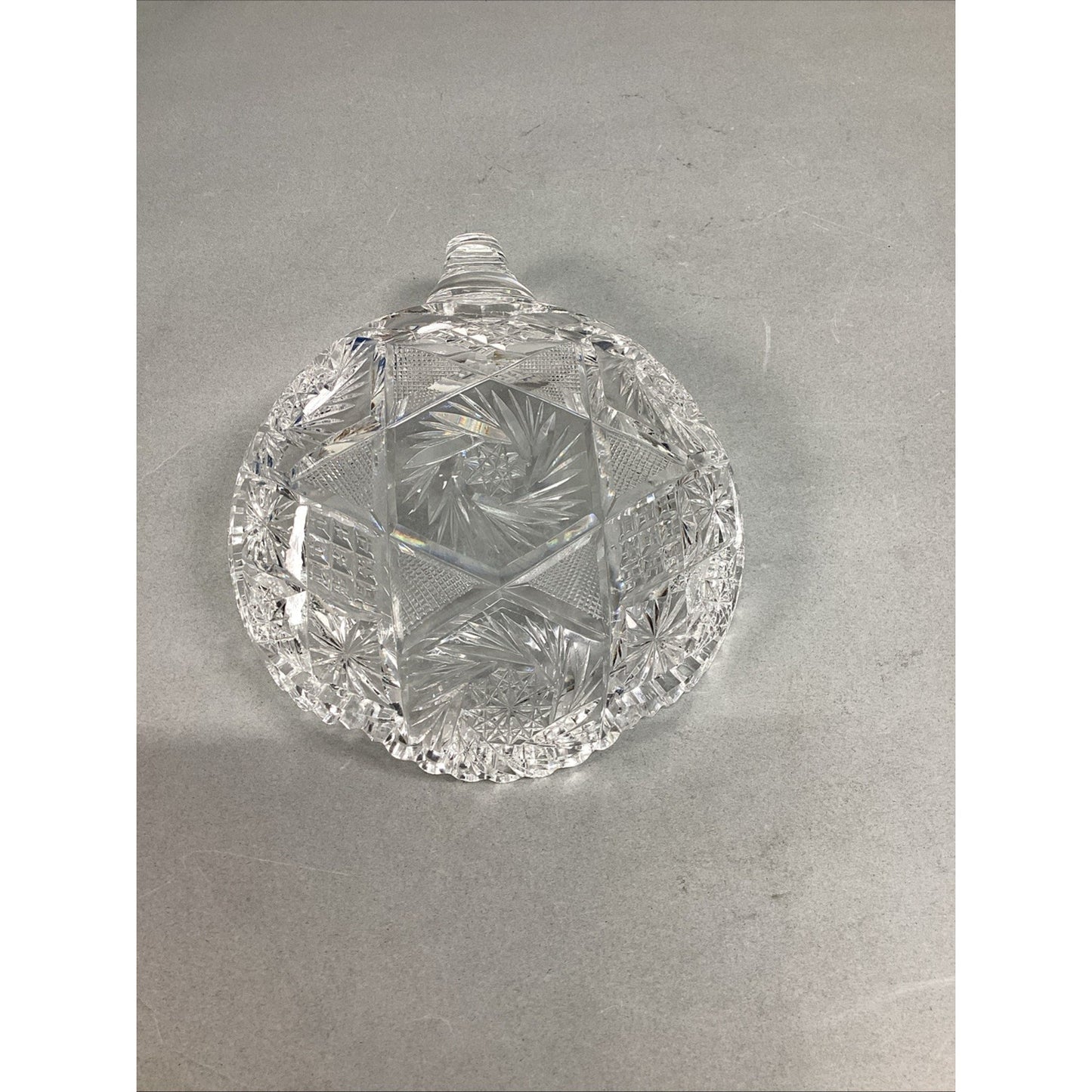 Vintage Scalloped Starburst Saw Tooth Edge Heavy Glass Candy Dish w/ Finger Loop