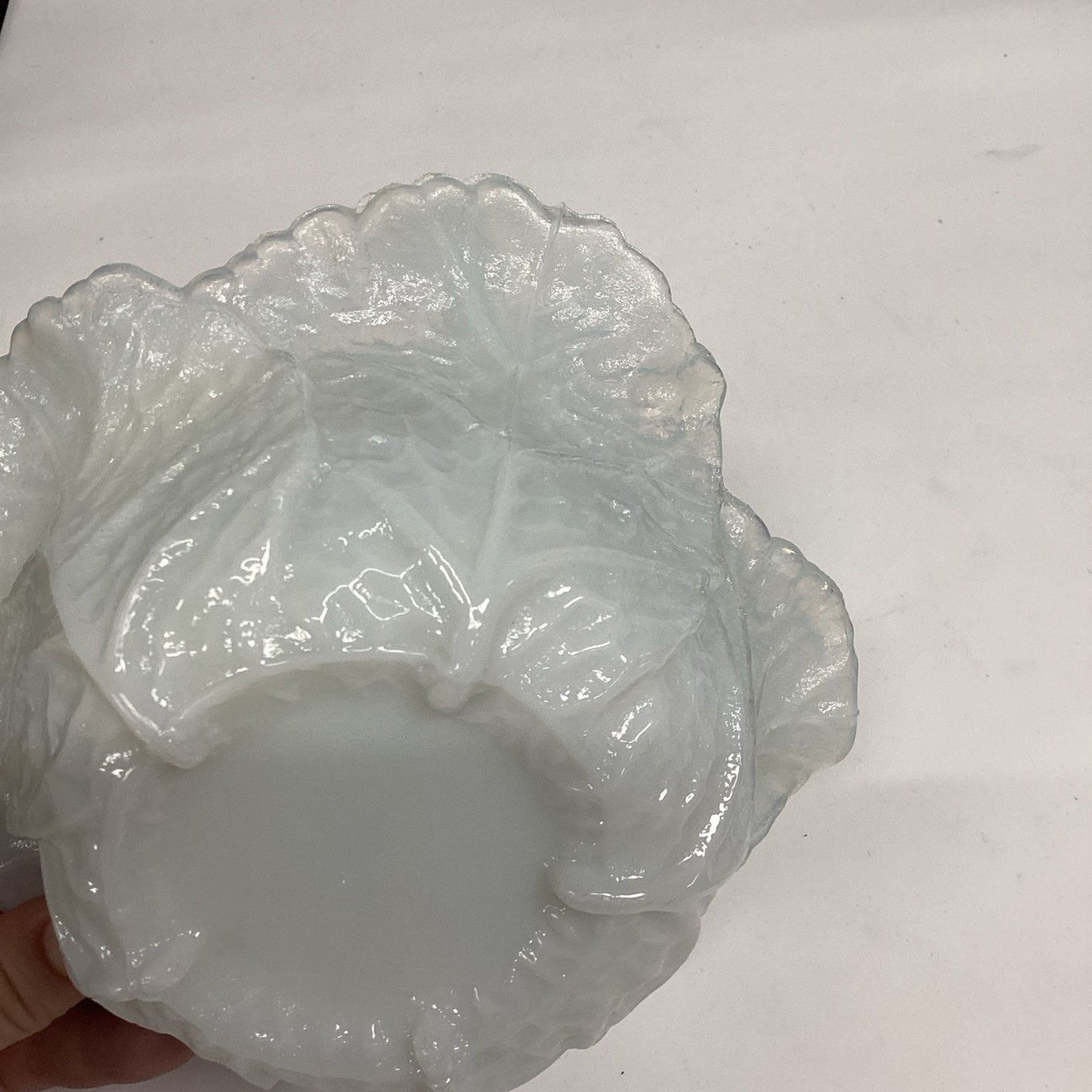 Antique Portieux Vallerysthal White Milk Glass Cabbage Leaf Candy Dish