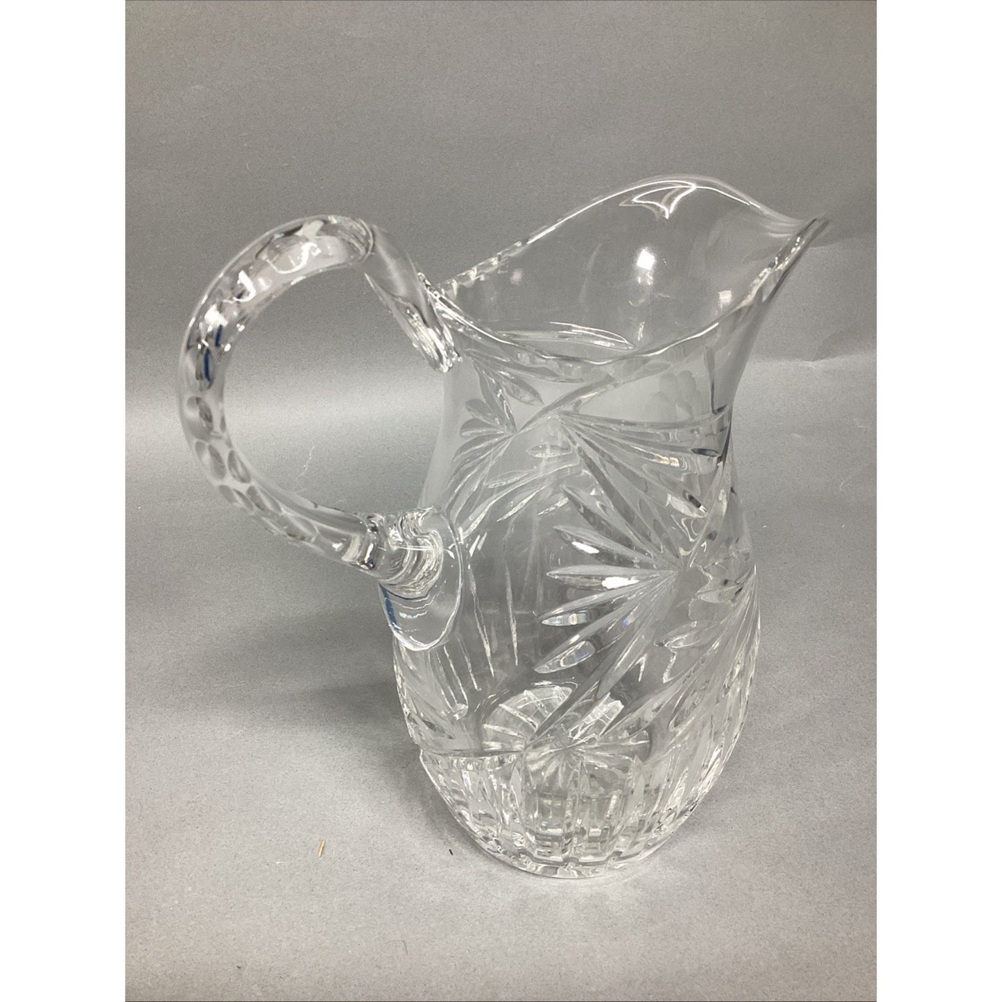 Vintage Cut Glass Floral Crystal Pitcher - 8.5”H