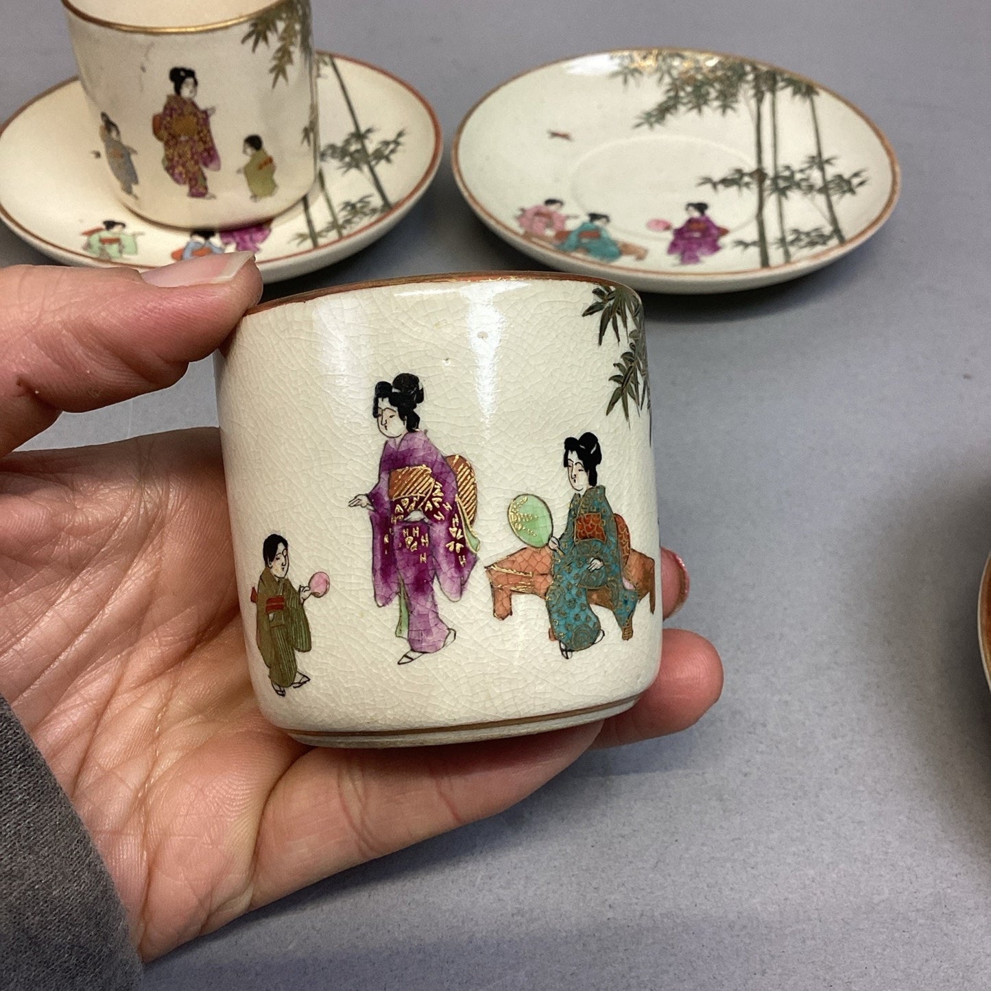 Set Of 6 Vintage Satsuma Japanese Porcelain Cups & Saucers