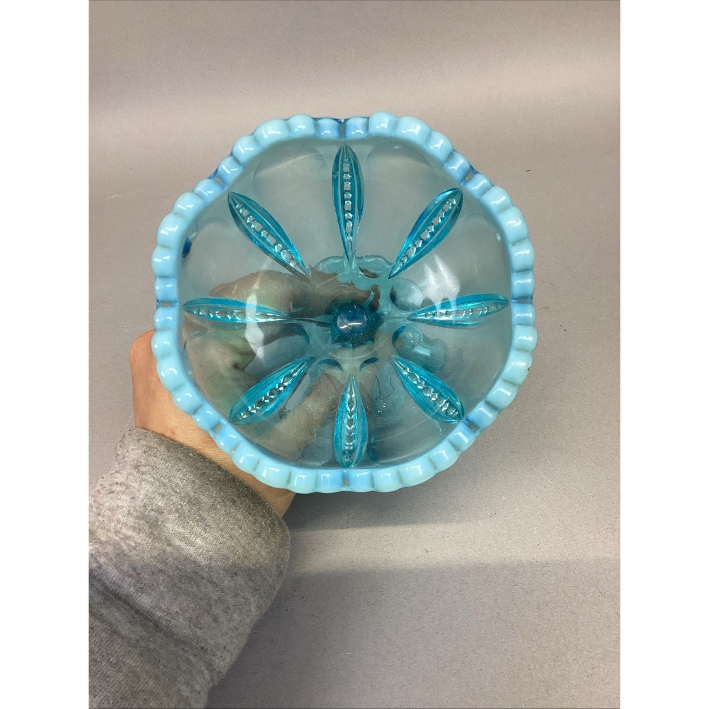VTG FENTON GLASS OPALESCENT BLUE CANDY PEDESTAL FOOTED COMPOTE BOWL DISH 4 5/8"