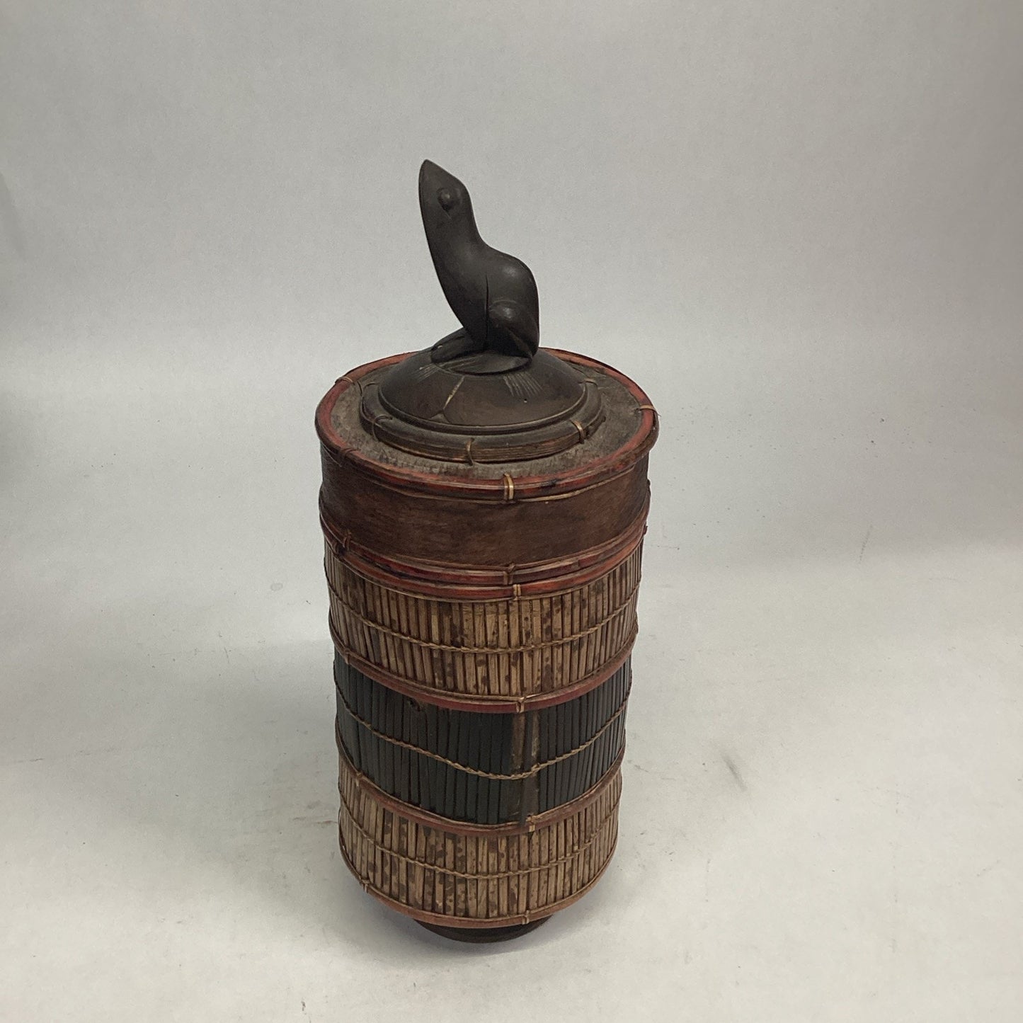 Indonesian / Balinese Handcrafted Bamboo Carved Frog Toad Container W/ Lid
