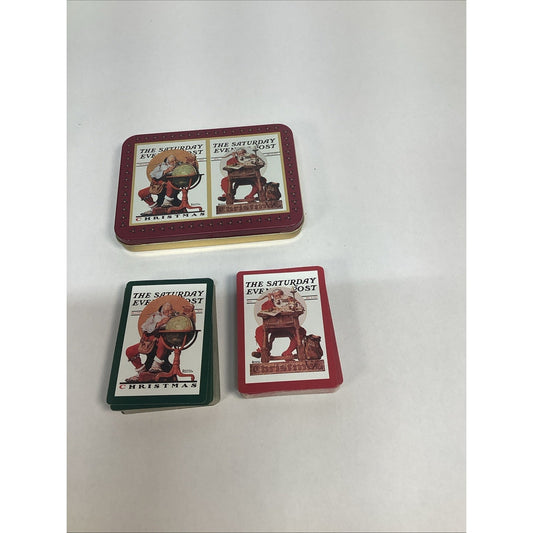 Vintage Norman Rockwell Collectible Santa Christmas Tin And Playing Cards
