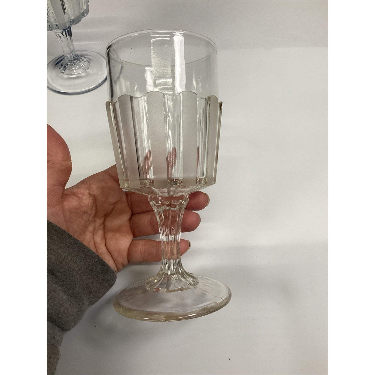 Vintage EAPG Frosted Glass Goblets: Ribbed Stem, Set of 2