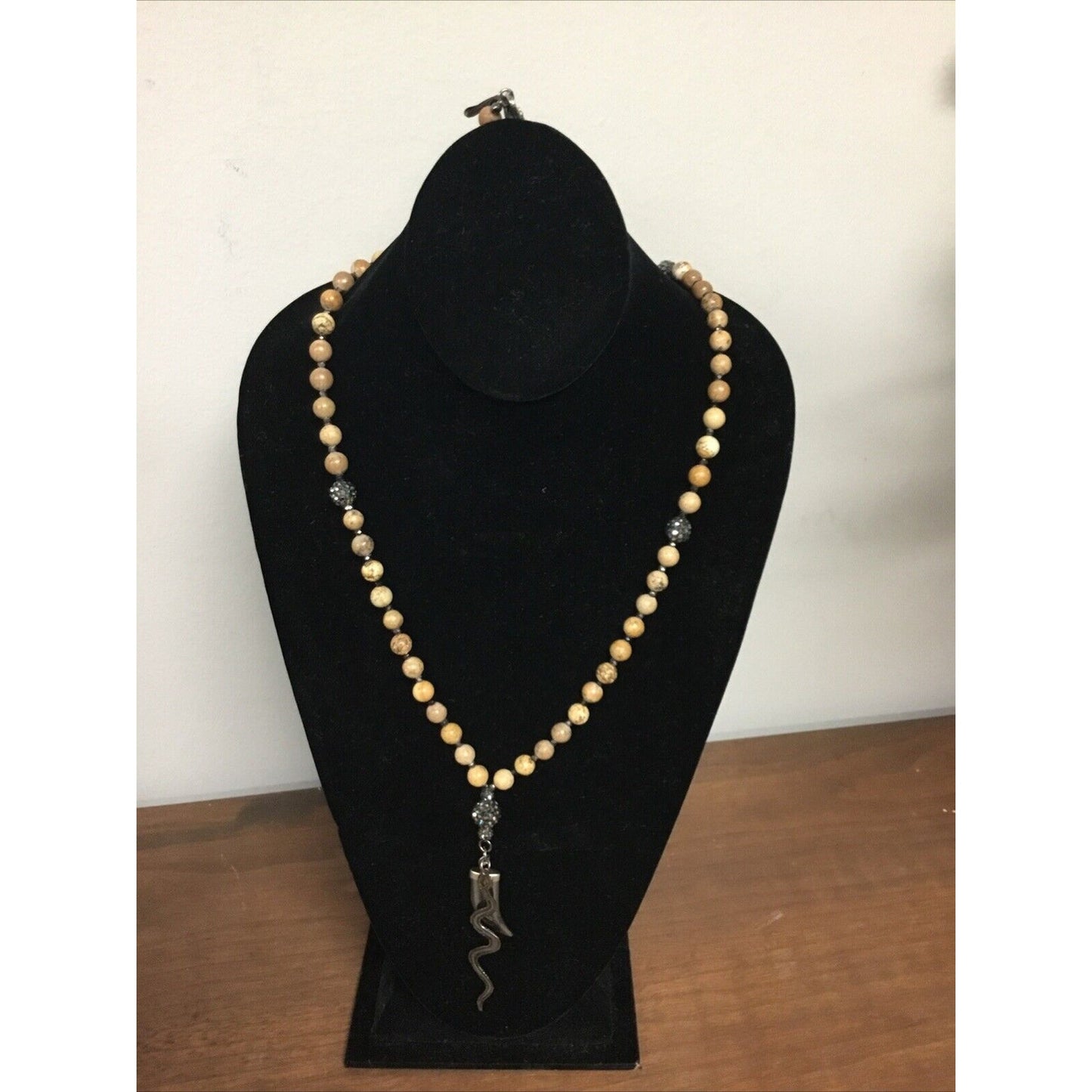 Long Gold & Beige Wooden Beaded Necklace With Silver Snake Pendant