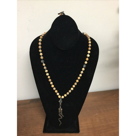 Long Gold & Beige Wooden Beaded Necklace With Silver Snake Pendant