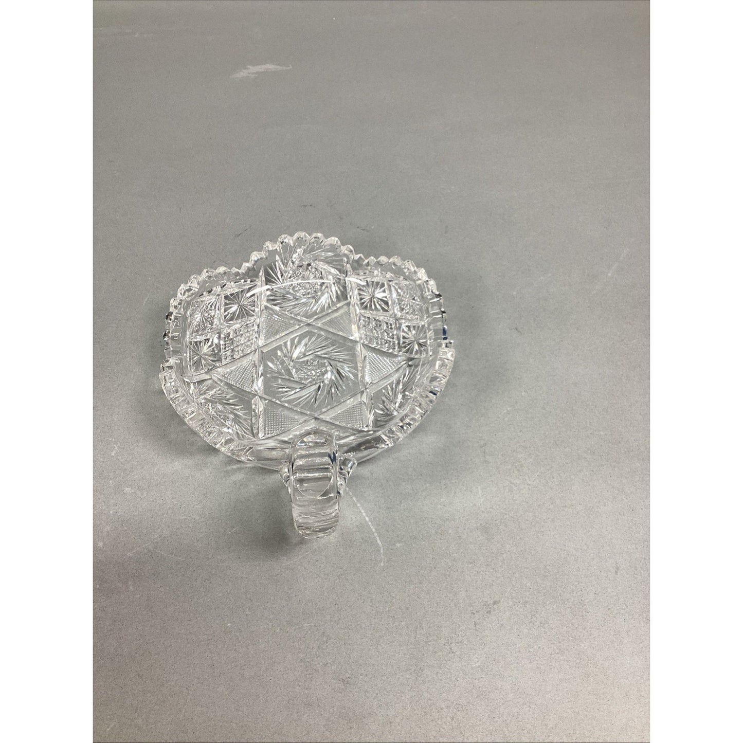 Vintage Scalloped Starburst Saw Tooth Edge Heavy Glass Candy Dish w/ Finger Loop
