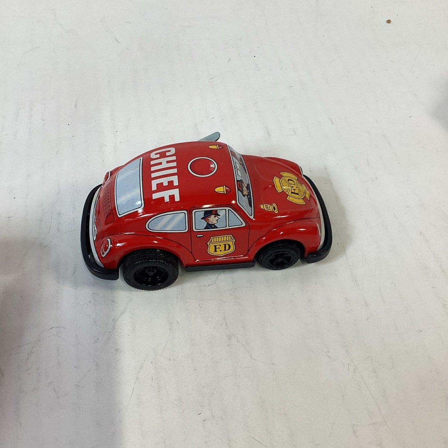 Vintage Lot of 2 Volkswagon Beetle Fire Chief/Racing Wind Up Tin Litho Japan