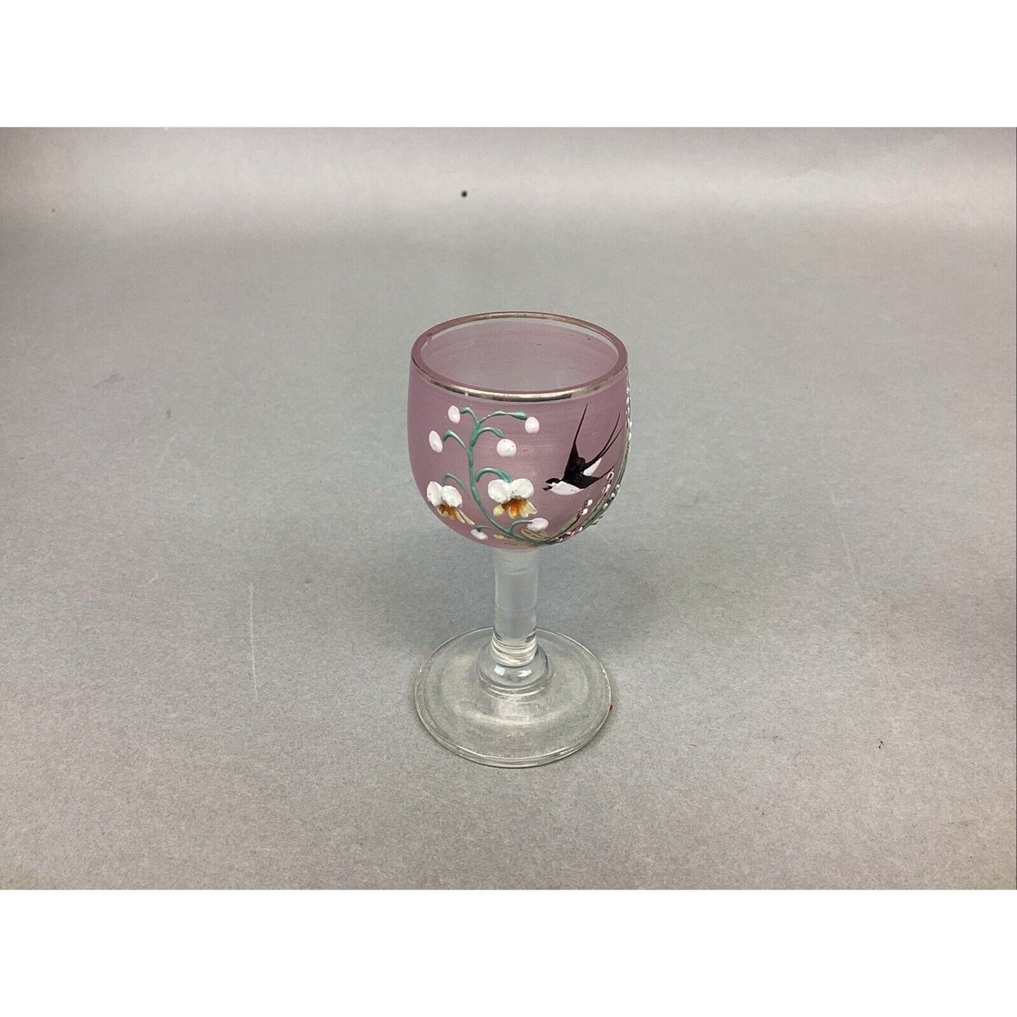 2 Unique Vintage Hand Painted Miniature Pink Wine Glasses Bird & Flowers - 3”