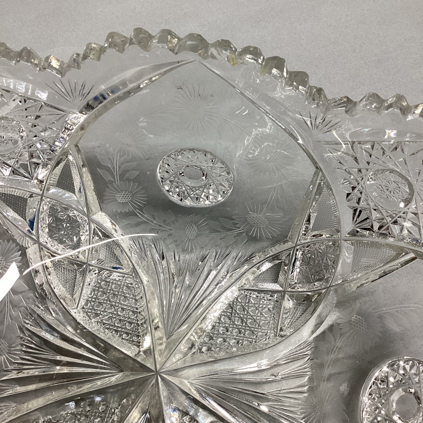 Vintage Heavy Cut Glass Bowl With Sawtooth Edges - Floral & Sunburst - 11x7”