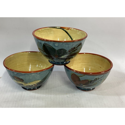 Lot Of 3 Hand Painted Glazed Pottery Bowls - 3.75”Hx6.5”D