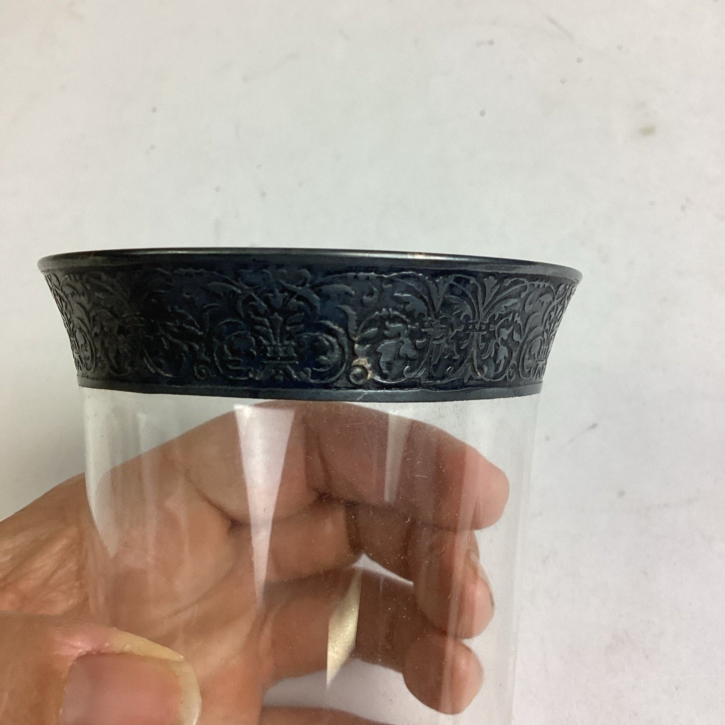 Glass Tumbler With Silver Plated & Etched Top Edge - 5”H