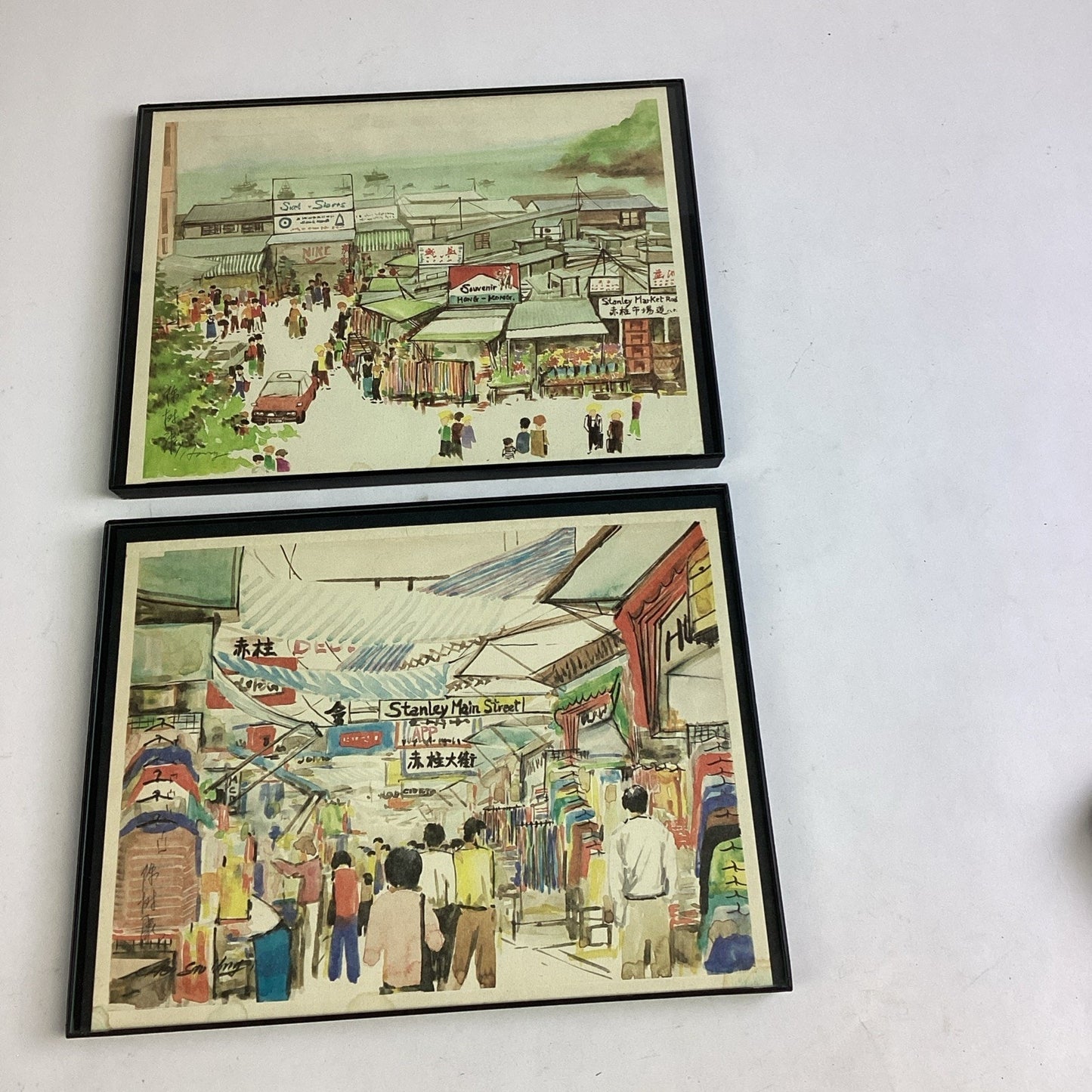 2 Japanese Watercolor Pictures- Hong Kong Souvenir & Stanley Main Street 11x8.5”