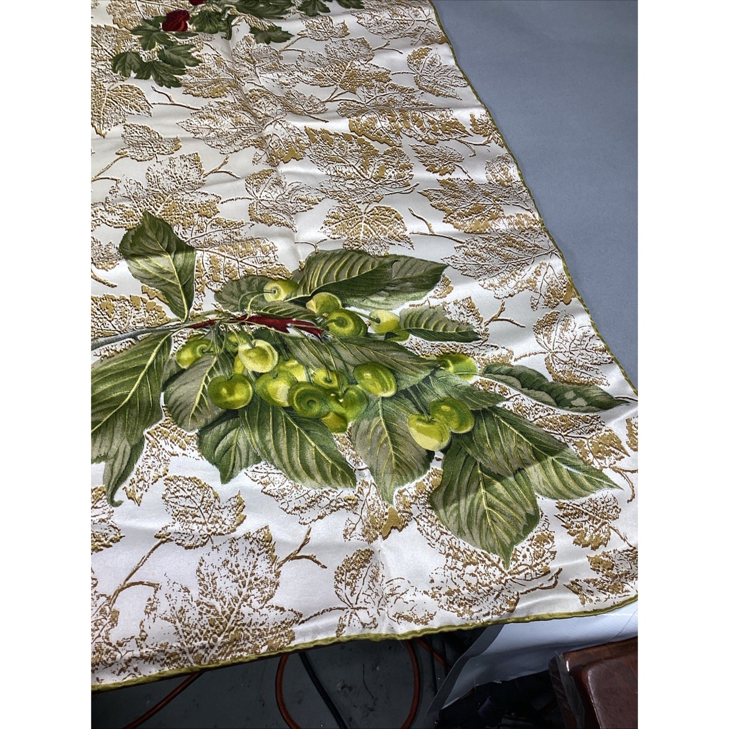 100% Silk Scarf W/ Leaves And Berries - 30x30”