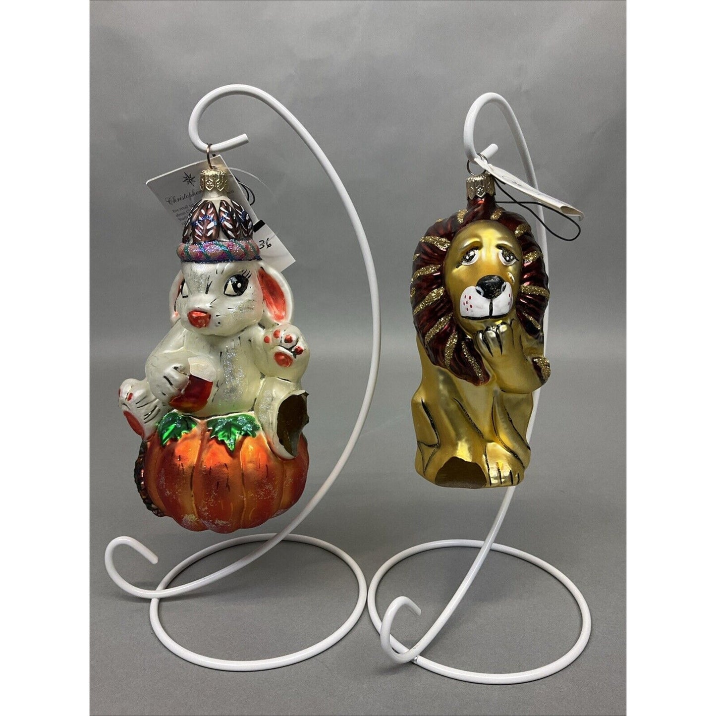 Radko Harvest Hare + Wizard Of Oz Lion Christmas Ornaments / Damaged