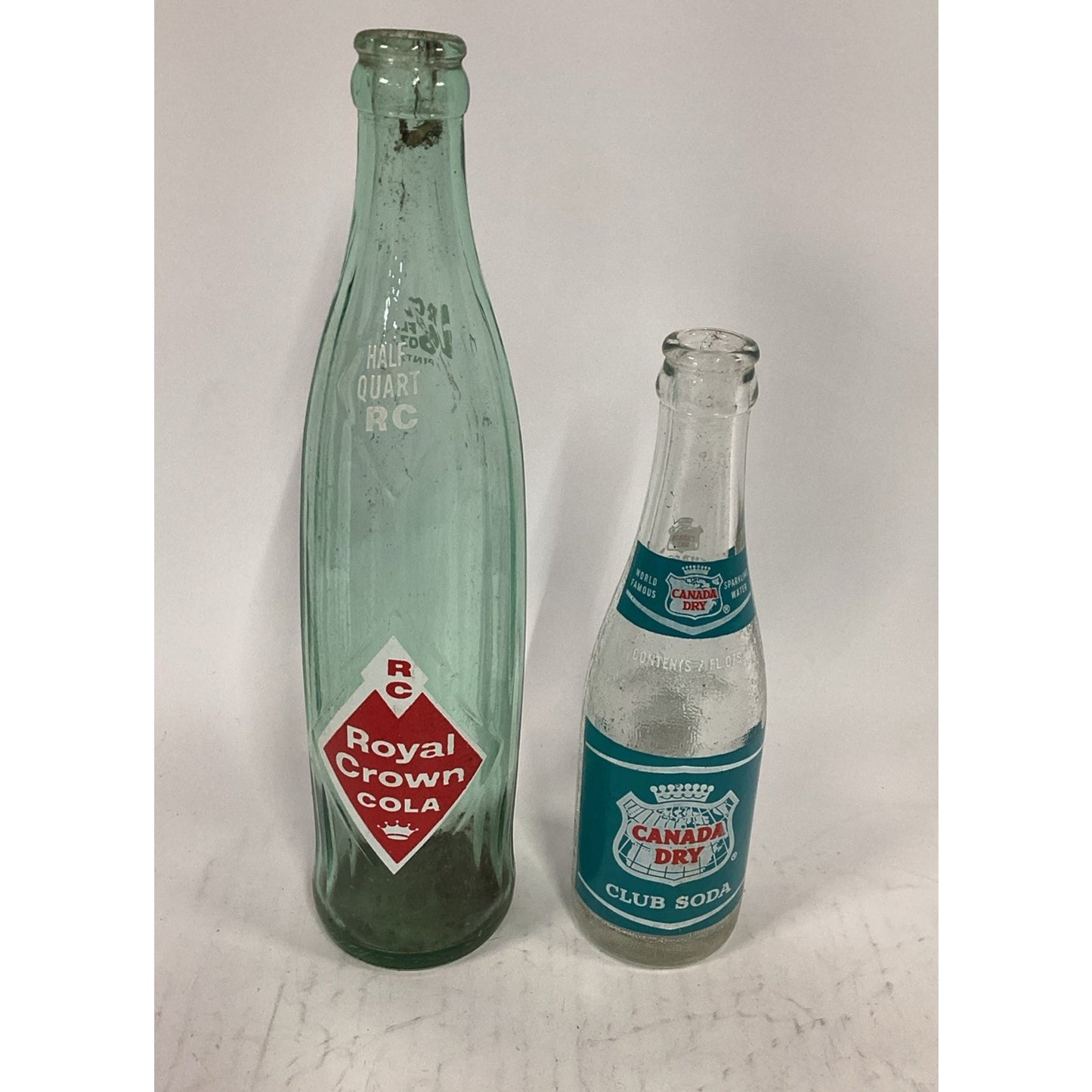 Vintage 16 Oz Royal Crown Cola Bottle & 7 Oz Canada Dry Seltzer Glass Bottle