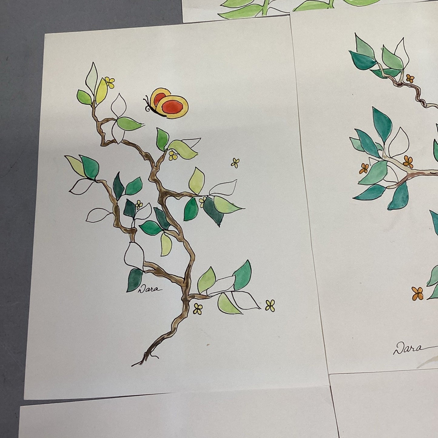 Set Of 5 Floral Art Drawings - Signed By Dara - 10x7”