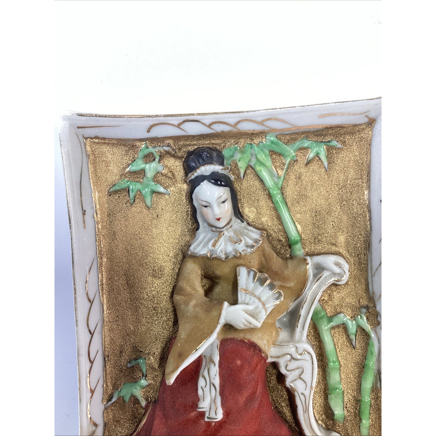 Vtg 2 Japanese Moriage Porcelain Wall Plaques Geisha Bamboo 3D Relief Pat Pend