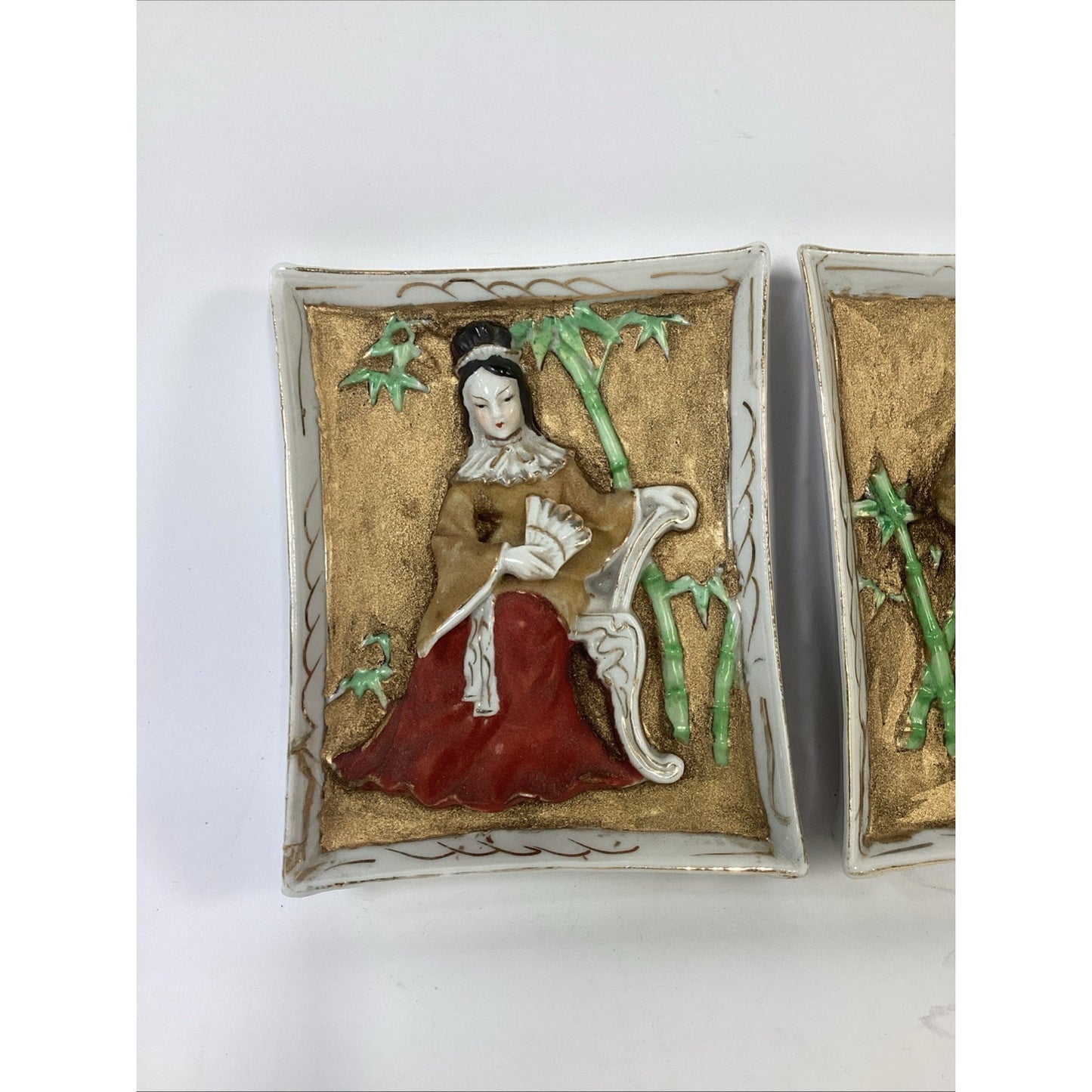 Vtg 2 Japanese Moriage Porcelain Wall Plaques Geisha Bamboo 3D Relief Pat Pend