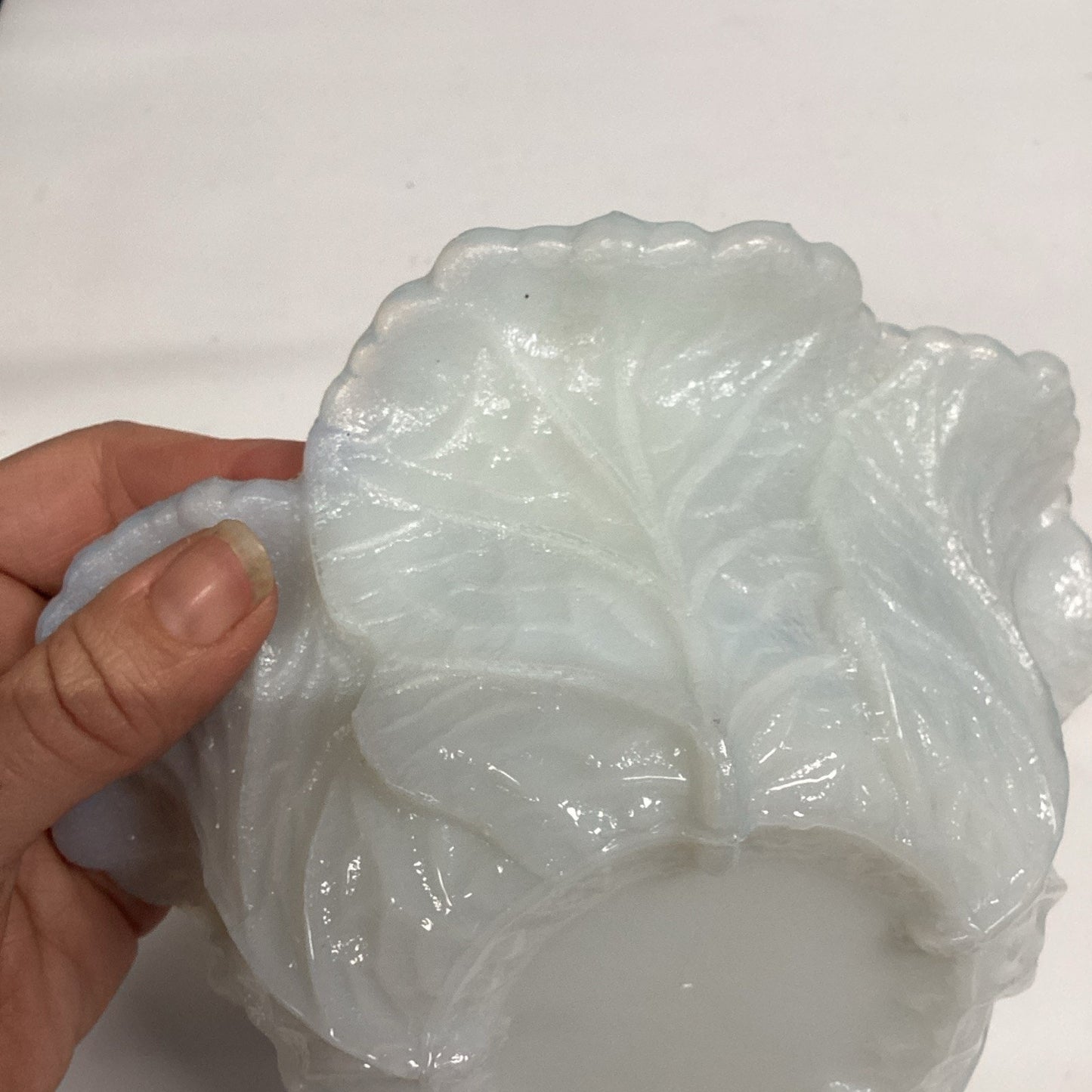 Antique Portieux Vallerysthal White Milk Glass Cabbage Leaf Candy Dish