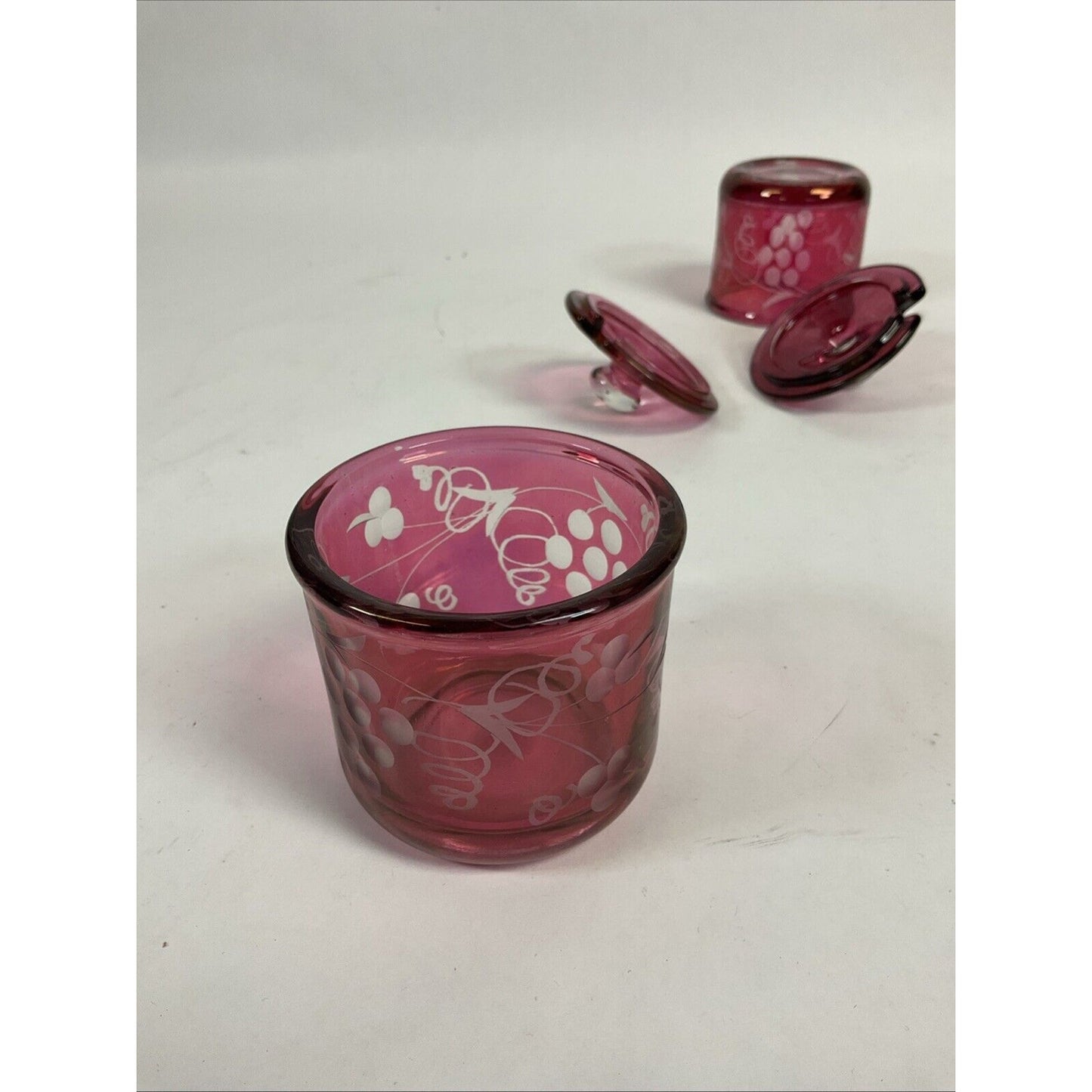 Set Of 2 Vintage Jam Jar Cranberry Etched Grapes