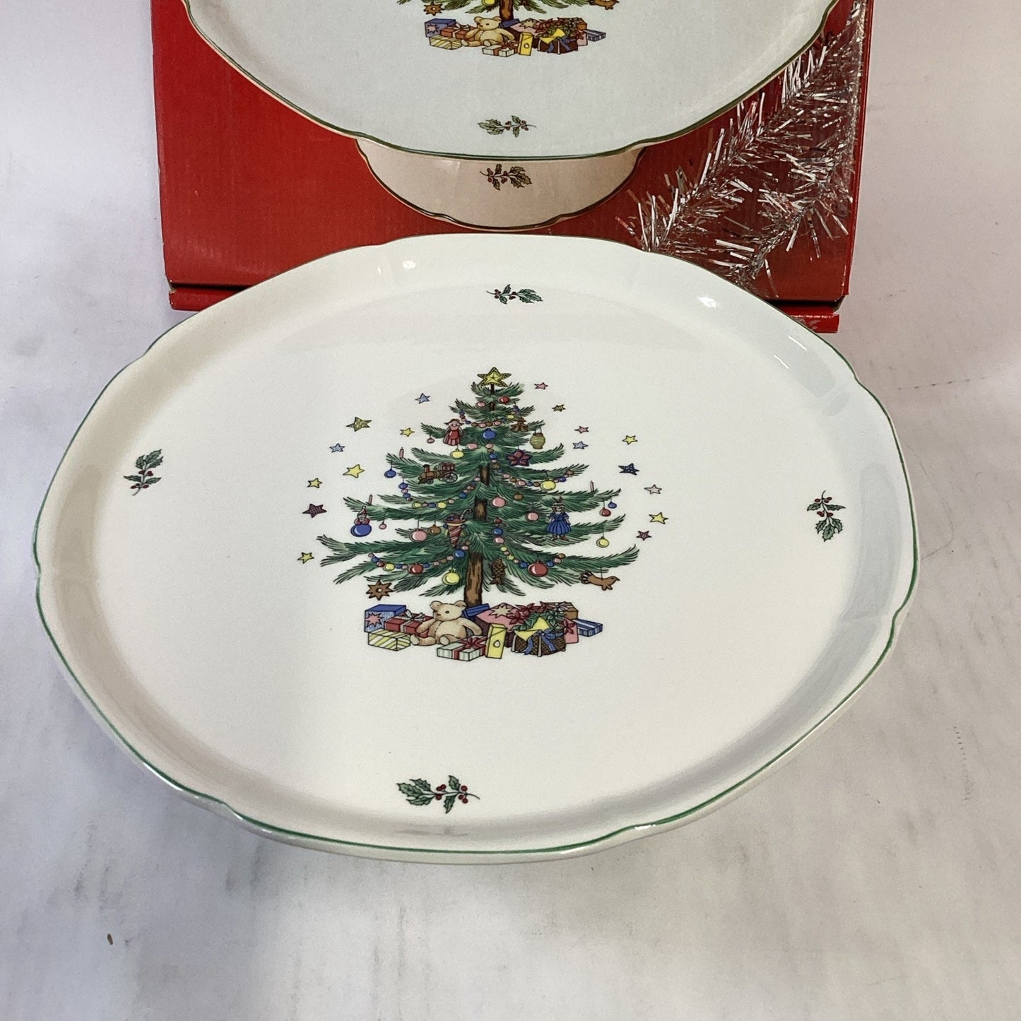Vintage 1980's Nikko Japan Happy Holidays Christmas Tree Pedestal Cake Plate