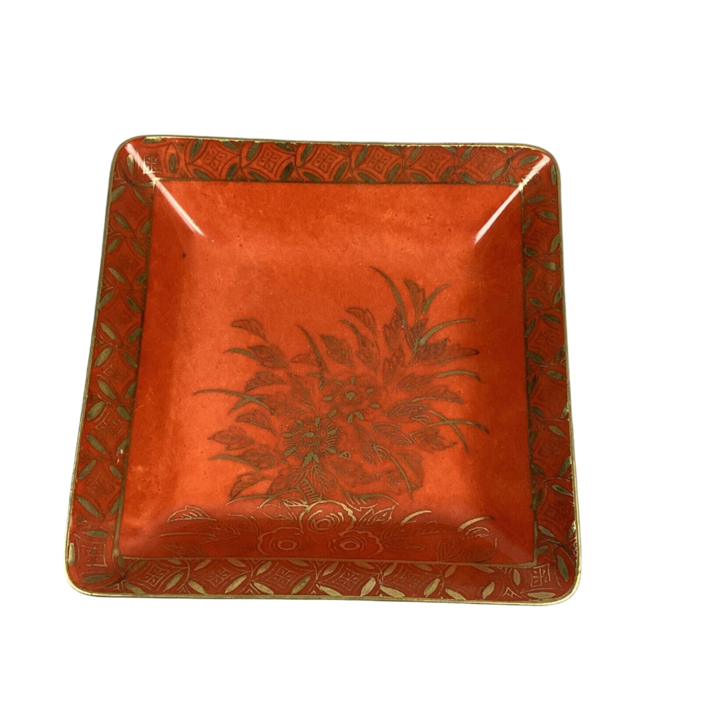 Vintage Red/Orange Japanese Floral Trinket Tray With Gold Trim - 5 1/2"D