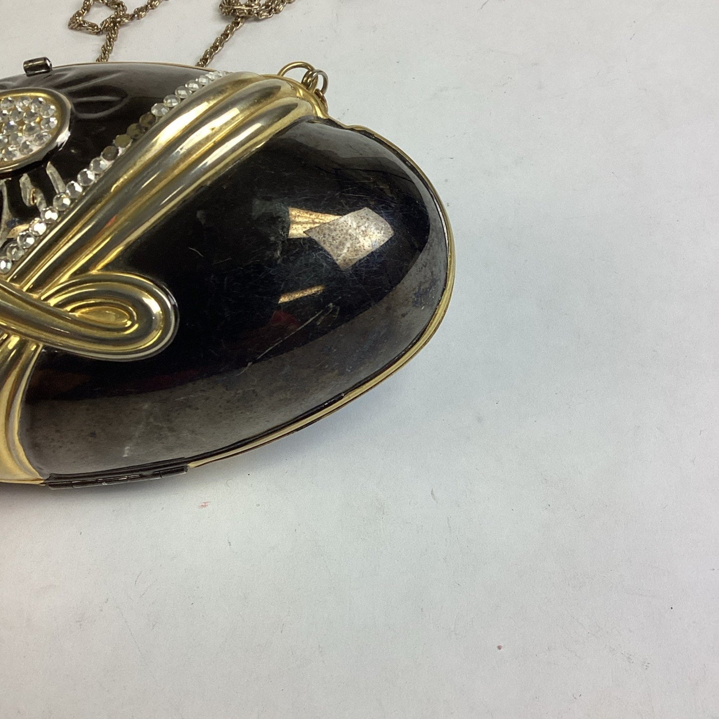 Vintage Black Evening Bag With Gold Trim, Rhinestones And Gold Chain
