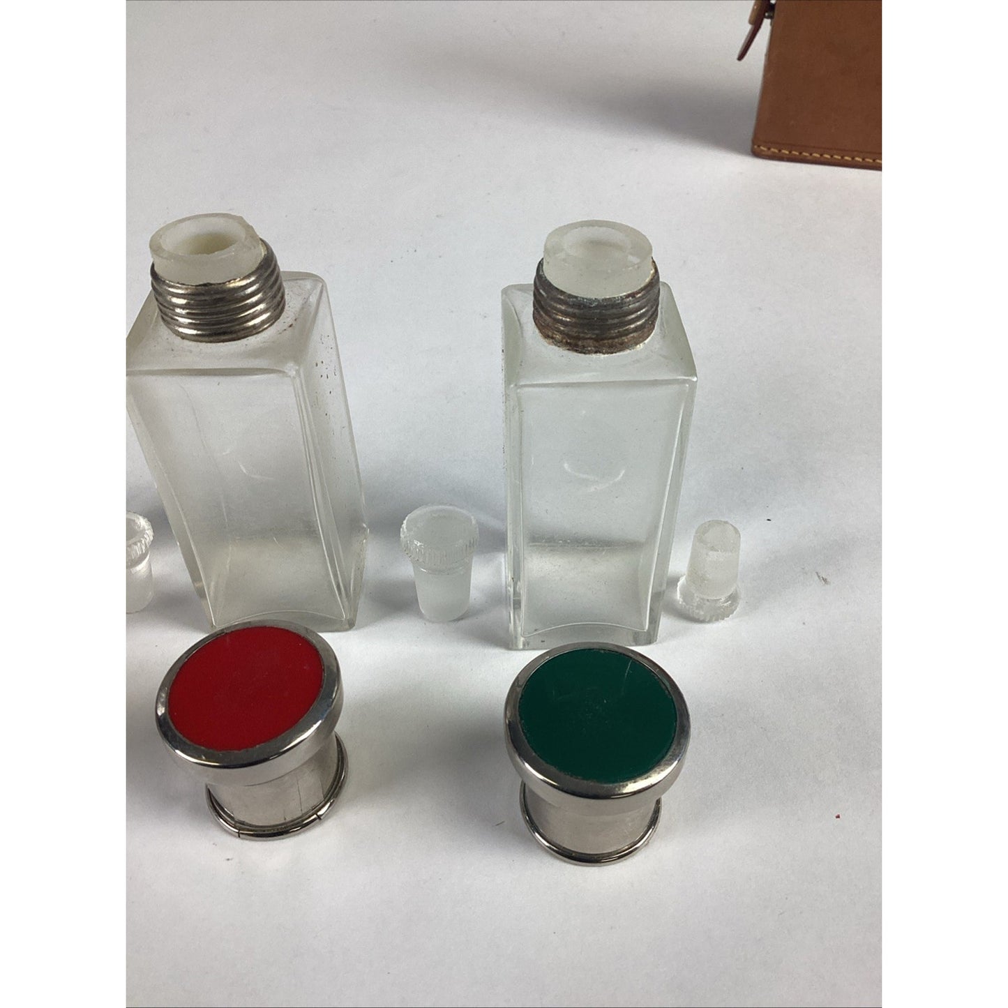 Antique Enamel Guilloche Men’s Travel Cologne (Empty) Bottles W/ Leather Case