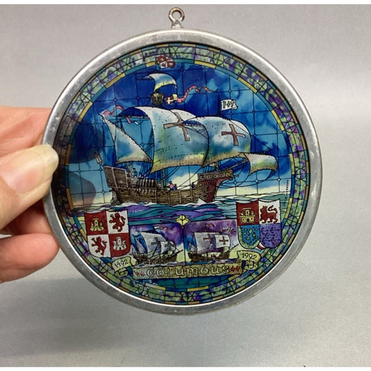 Vintage Stained Glass Sun Catcher Columbus Ship - 3.5”D