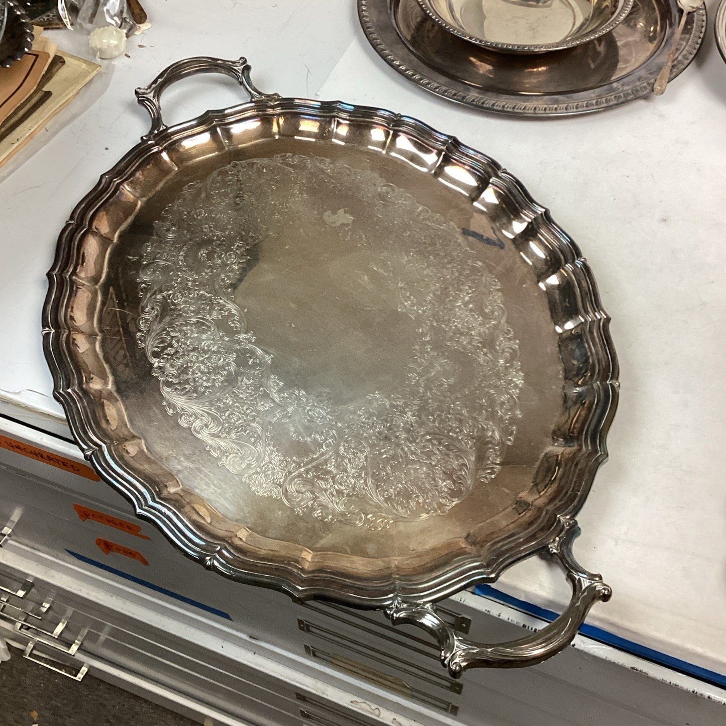 Lot Of 10 Silver Plated Platters, Bowls, Sugar/Creamer And Spoon