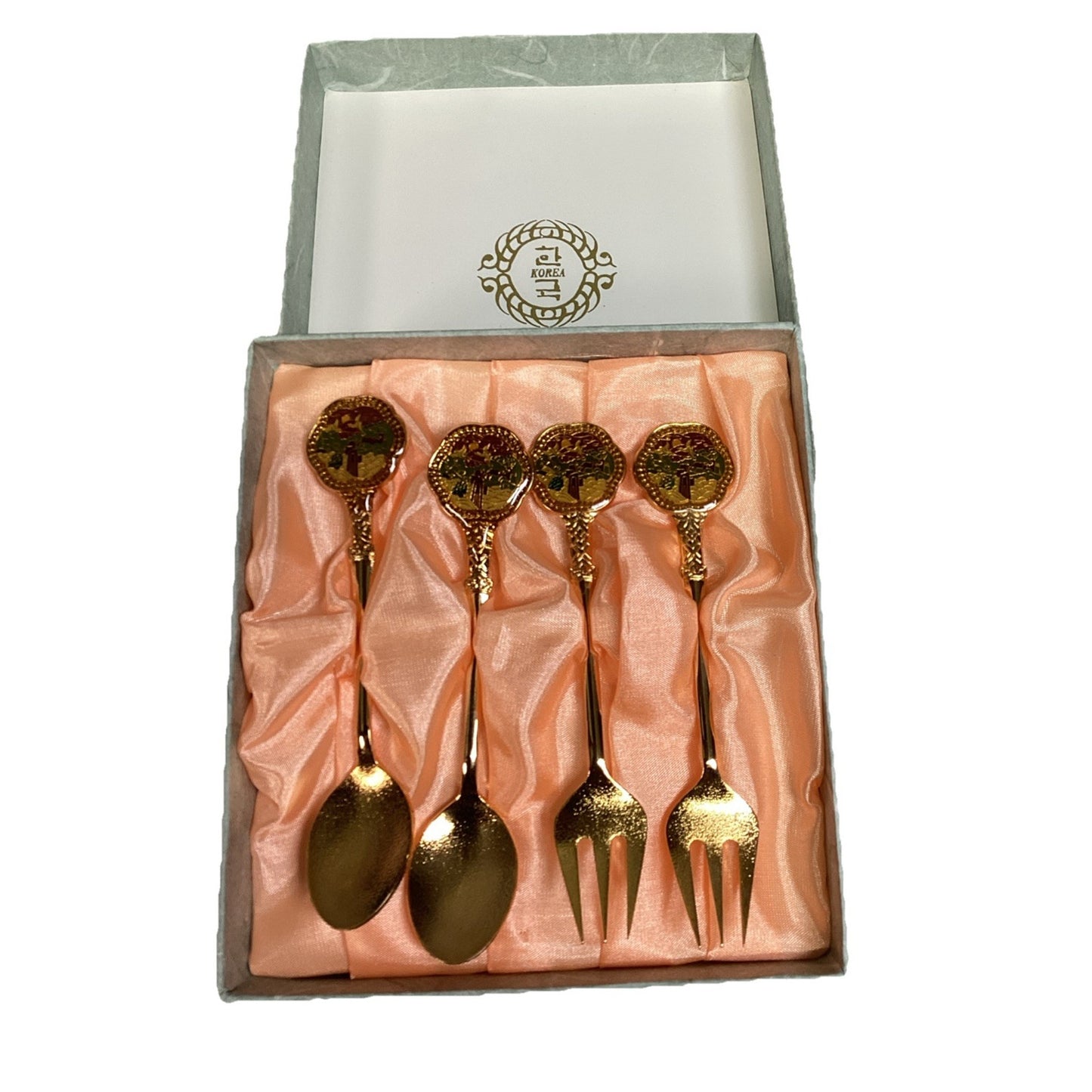 Set Of 4 - Korean - Souvenir Golden Spoons And Forks In Original Box