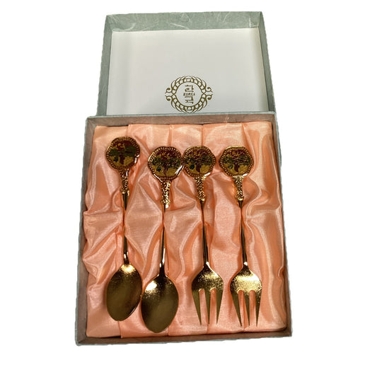 Set Of 4 - Korean - Souvenir Golden Spoons And Forks In Original Box