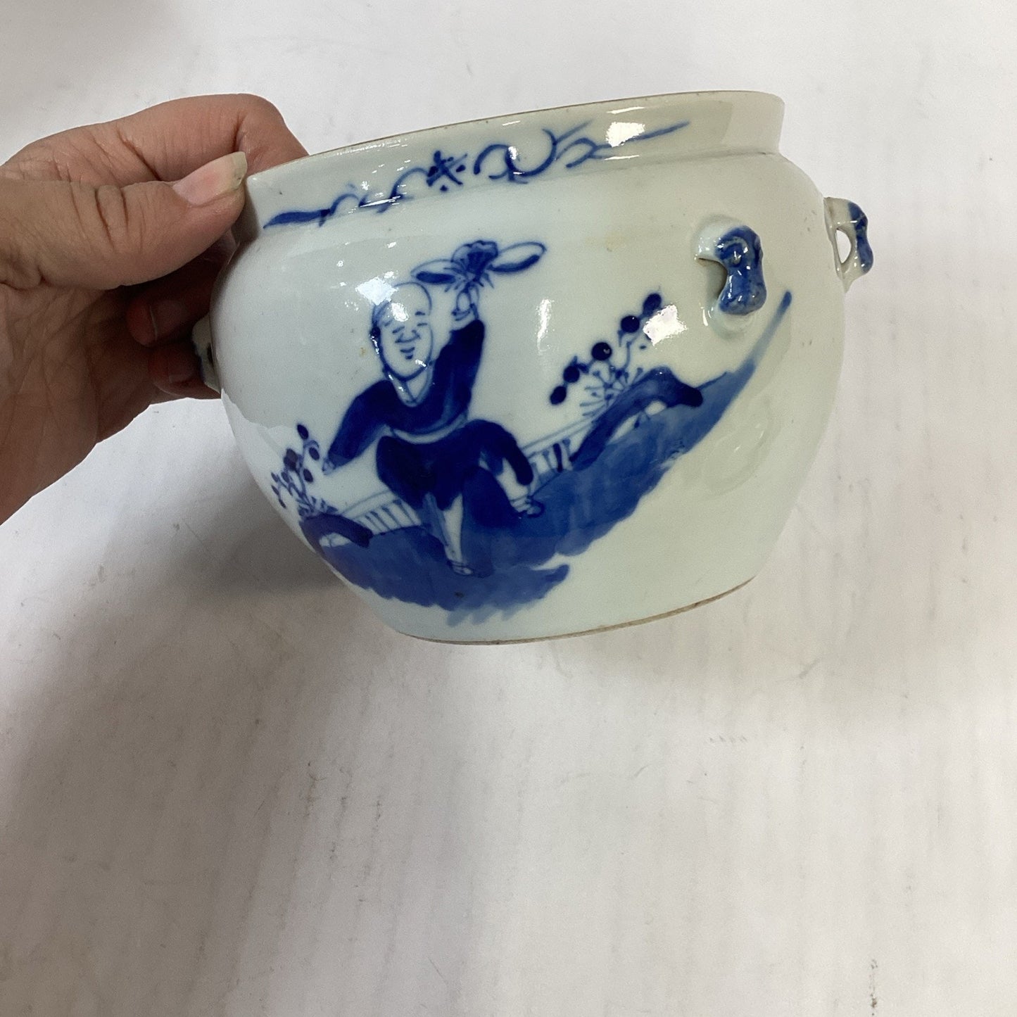 Antique 1851-1861 Chinese Blue And White Porcelain Kamcheng Covered Jar Qing Dyn