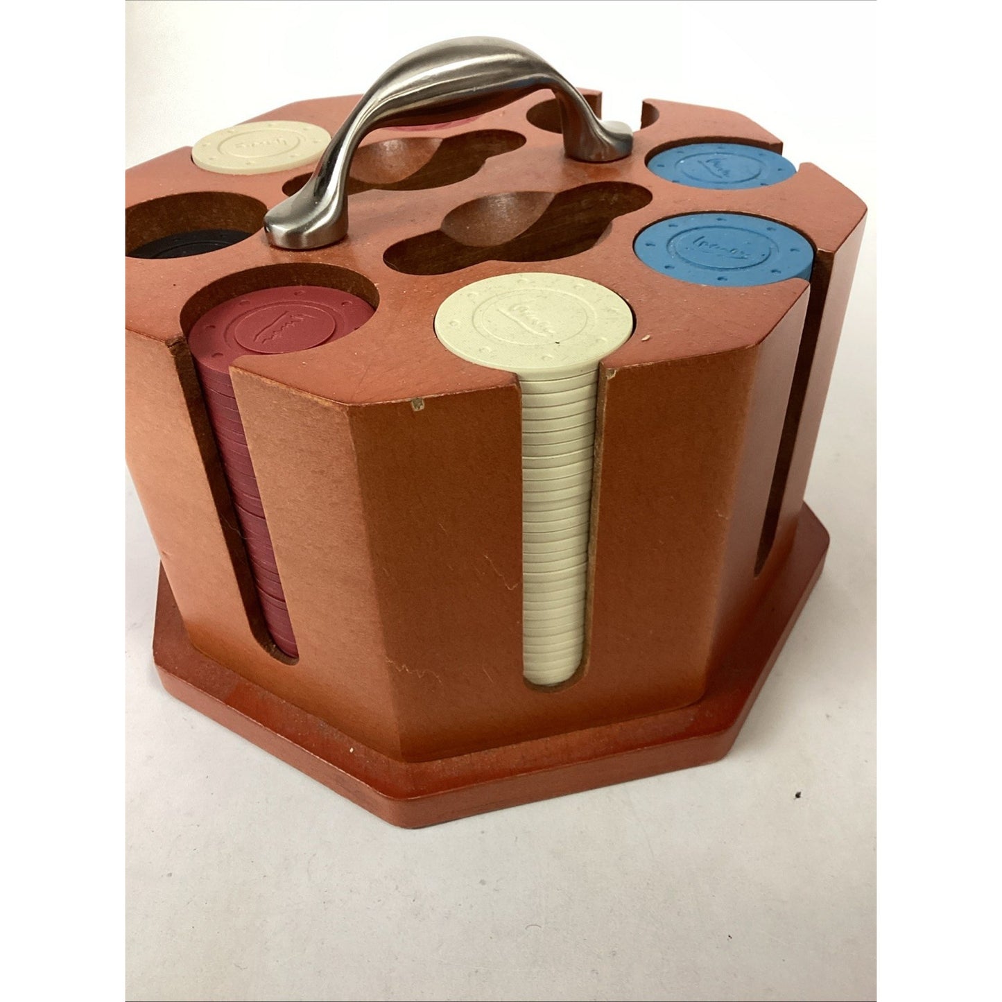 POKER CHIP Caddy In Wood Carousel 8 Slot, 2 Deck Holder, Chips Included