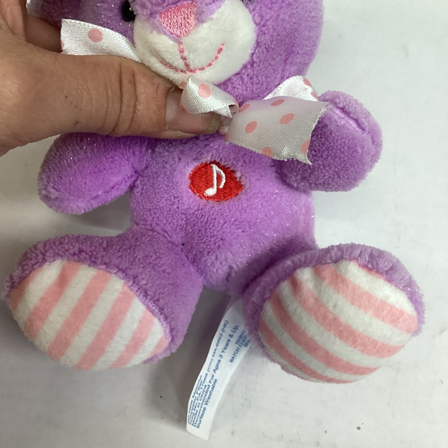 Hug Fun Purple Bunny Rabbit Plush Toy White Pink Stripe Bow -Makes ‘Boing’ Sound