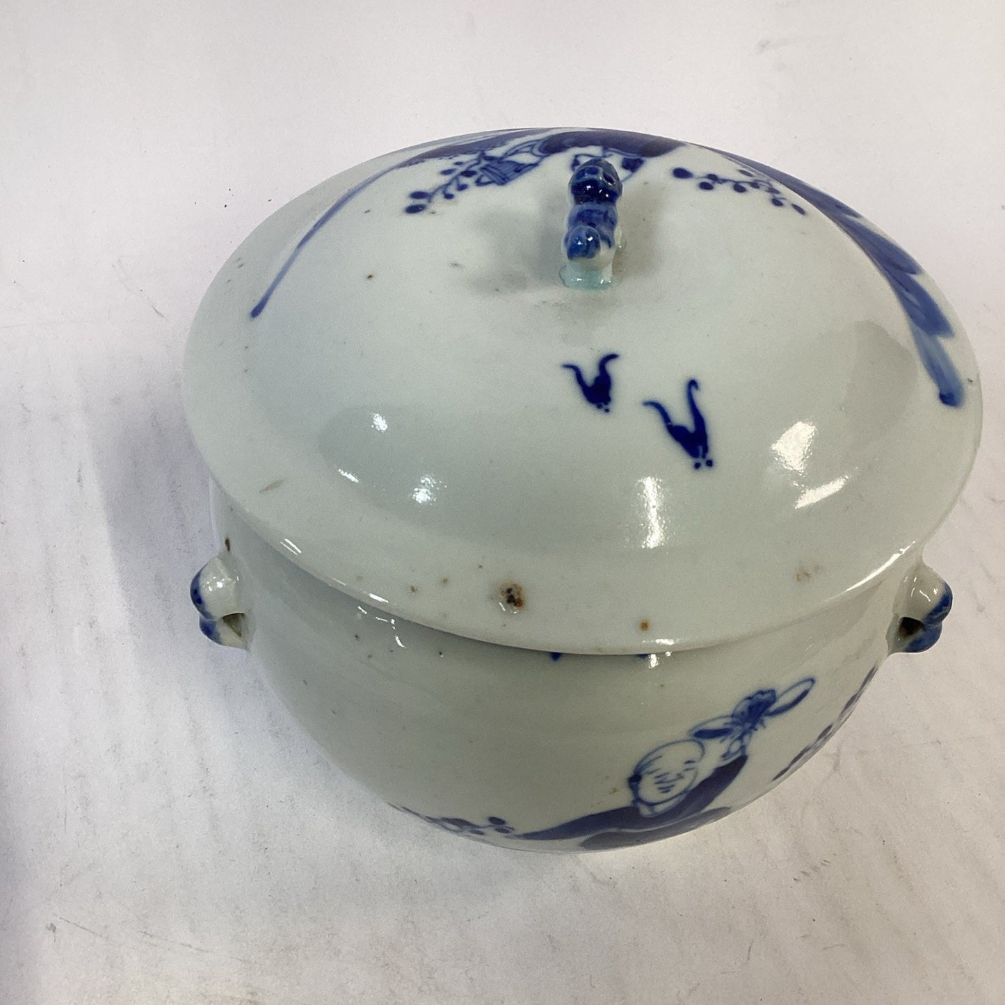 Antique 1851-1861 Chinese Blue And White Porcelain Kamcheng Covered Jar Qing Dyn