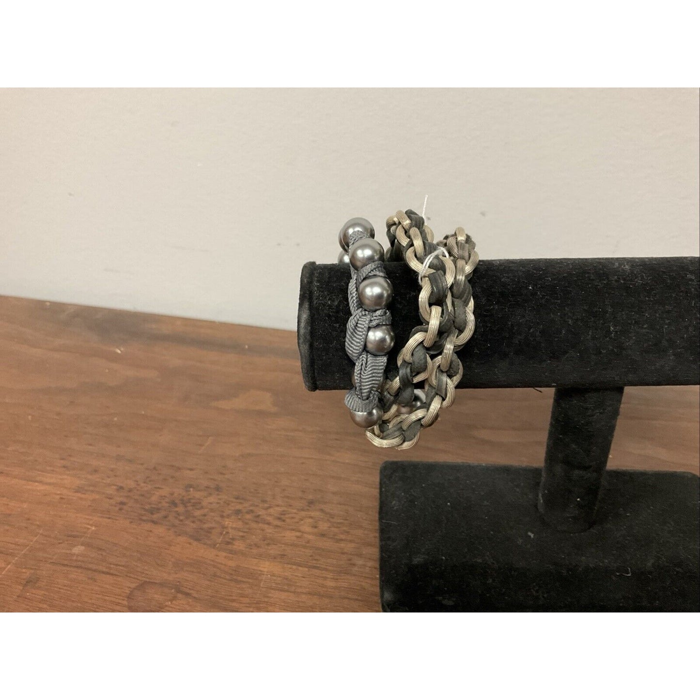 Beaded Bracelet With Silver Chain, Ribbon And Leather Throughout 8”