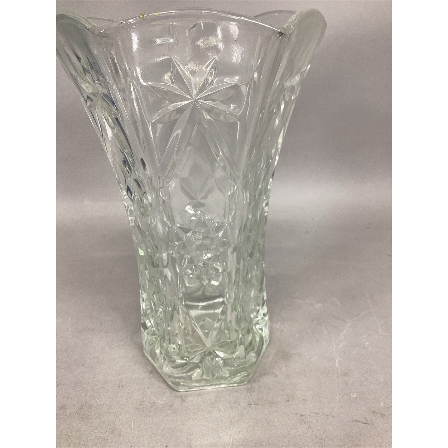 EAPG Clear Glass Vase Molded Wide Fluted Collar Starburst Lead Crystal 10.5”H