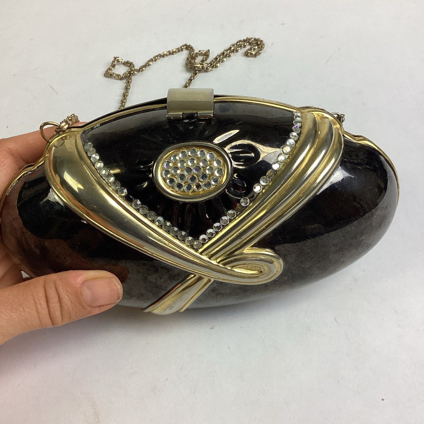 Vintage Black Evening Bag With Gold Trim, Rhinestones And Gold Chain