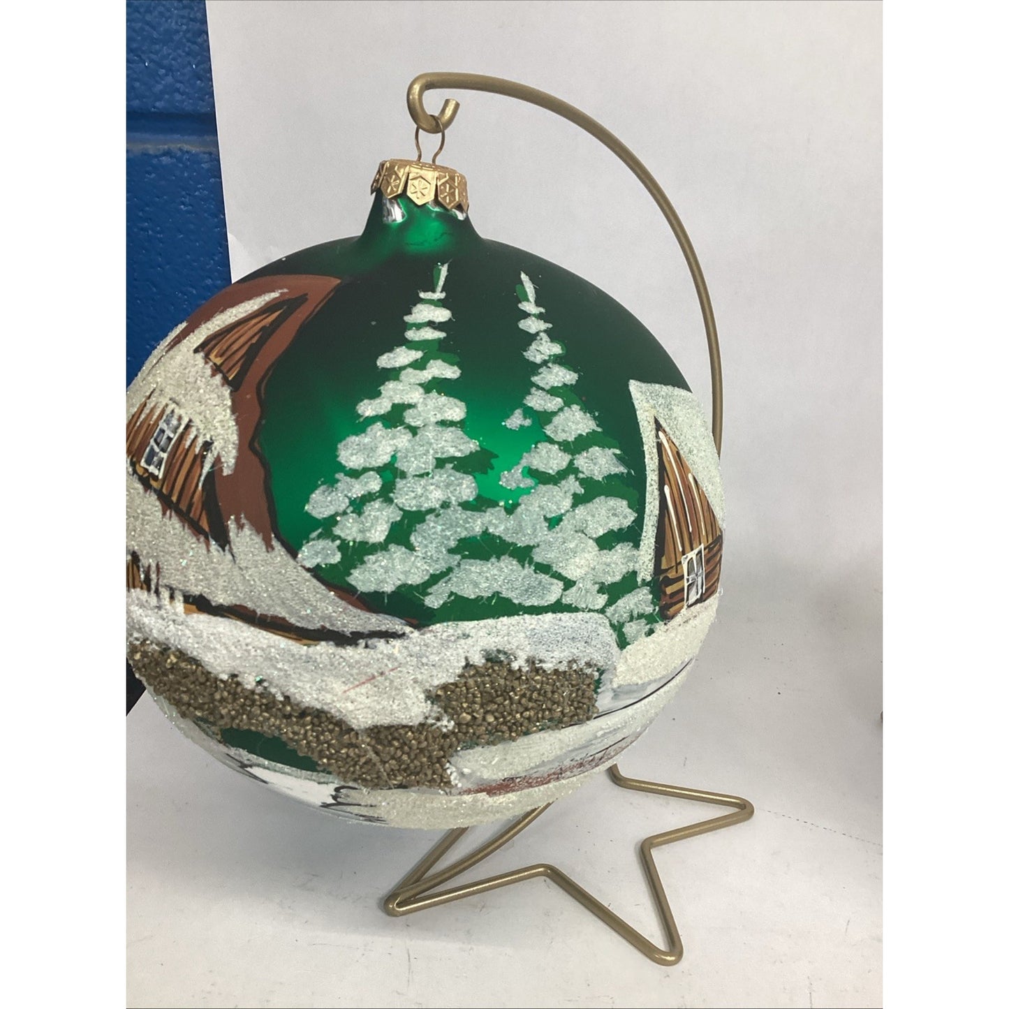 2 Hand Painted Snowy Cabins Glass Ball Ornaments With Ornament Hangers - 7”D