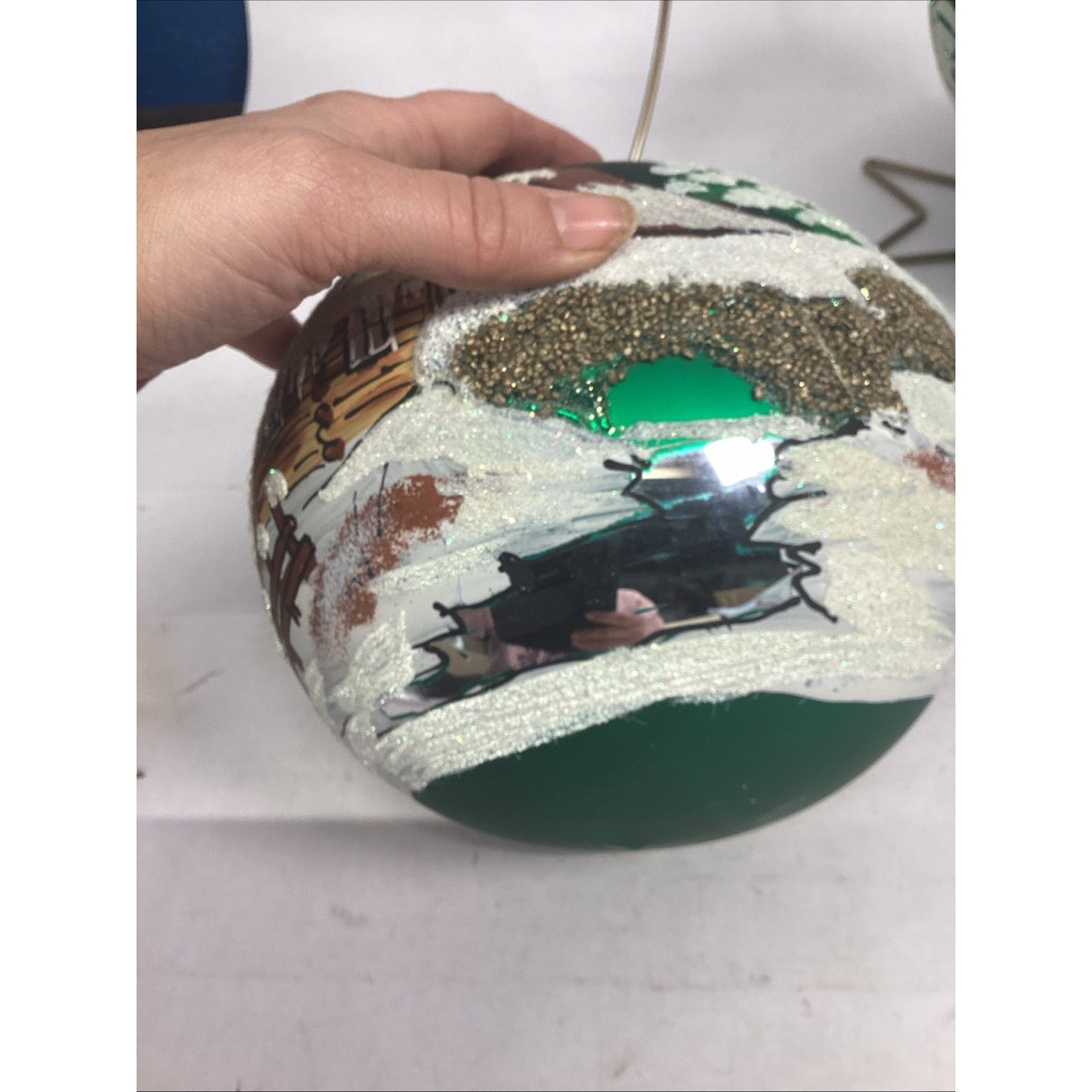 2 Hand Painted Snowy Cabins Glass Ball Ornaments With Ornament Hangers - 7”D