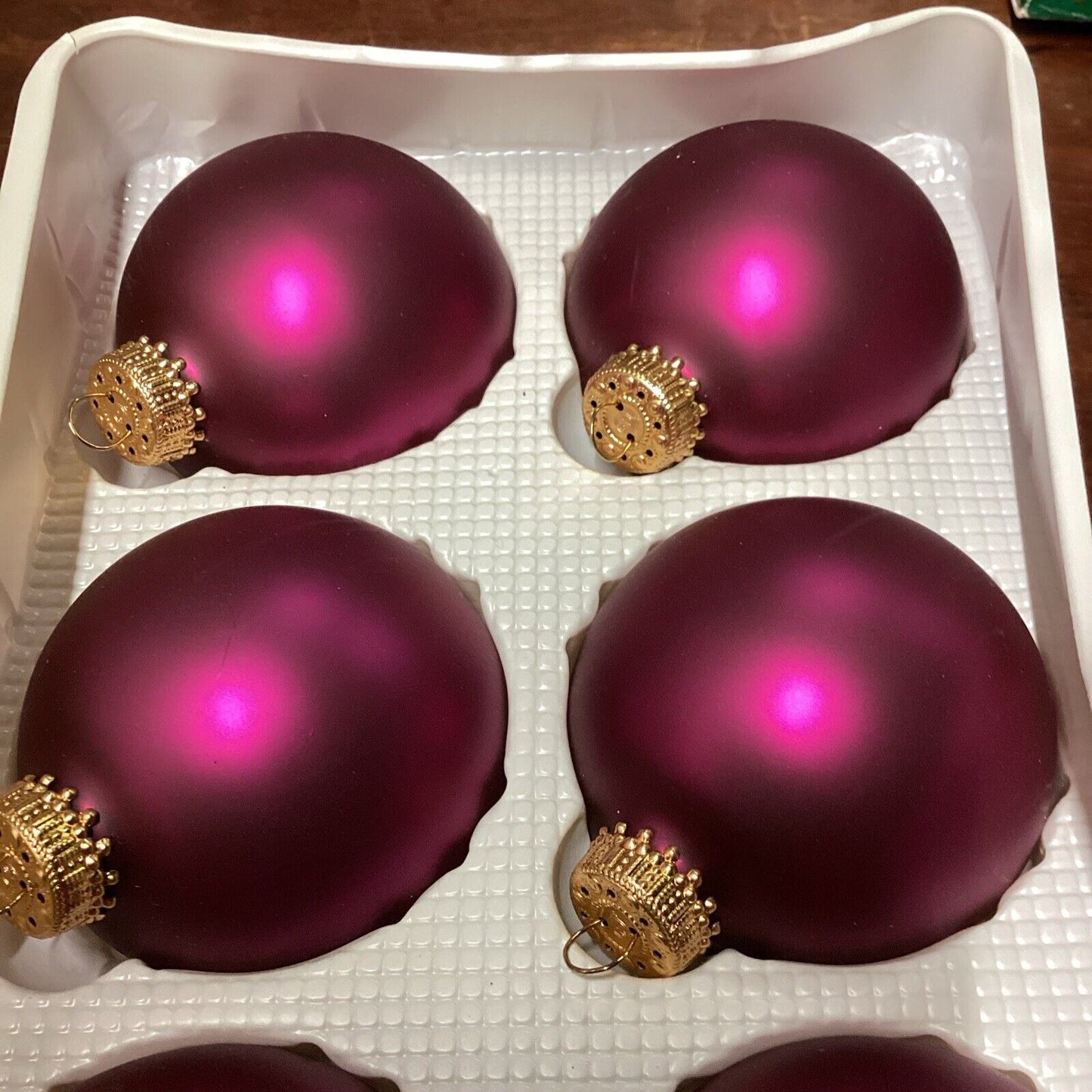 6 KREBS Christmas Glass BALL Ornaments SATIN Burgundy Red/Purple Wine 2.6" W/Box