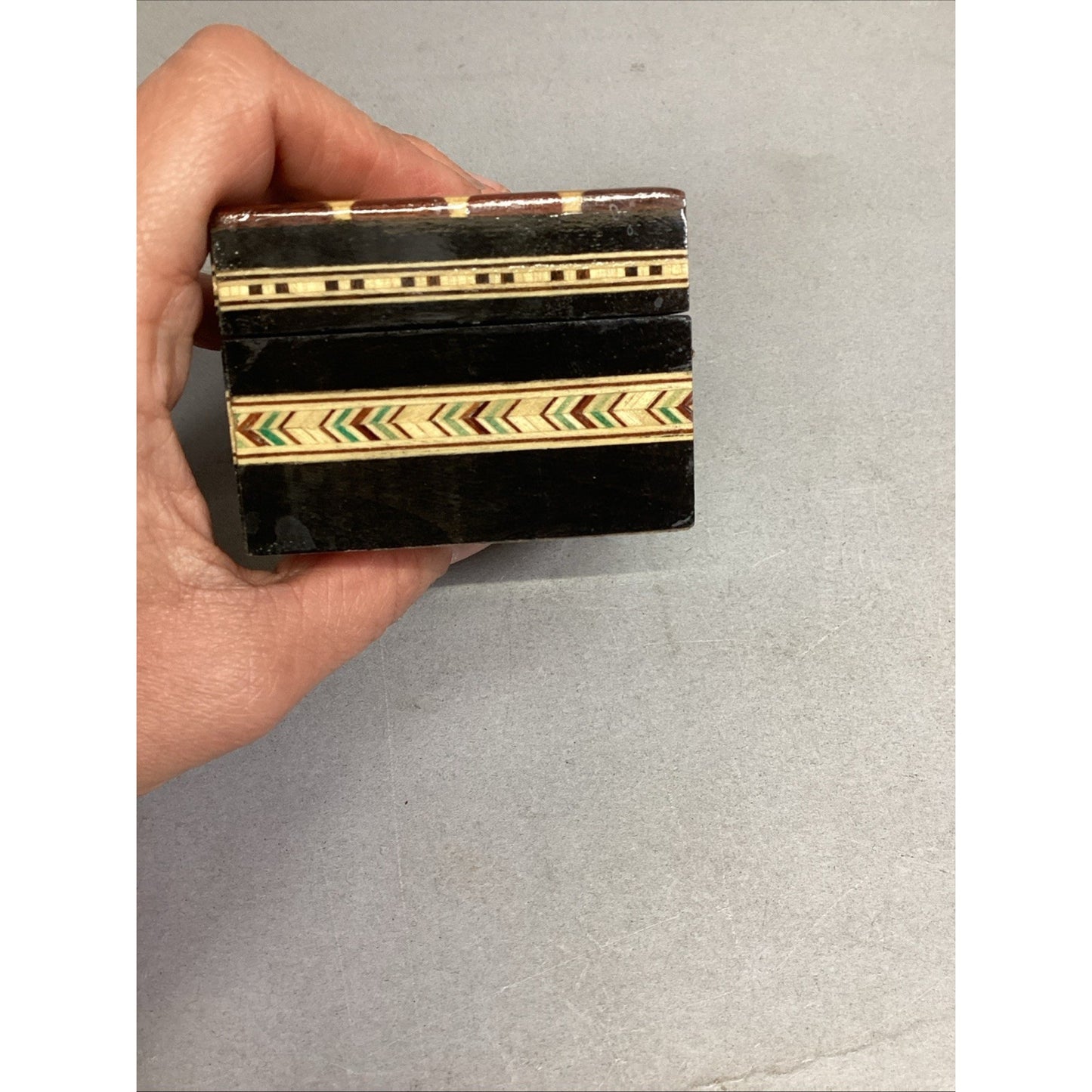 Vintage Lacquered Wood Box Trinket Mosaic Jewelry Stash 2 7/8x2.5x1.75”