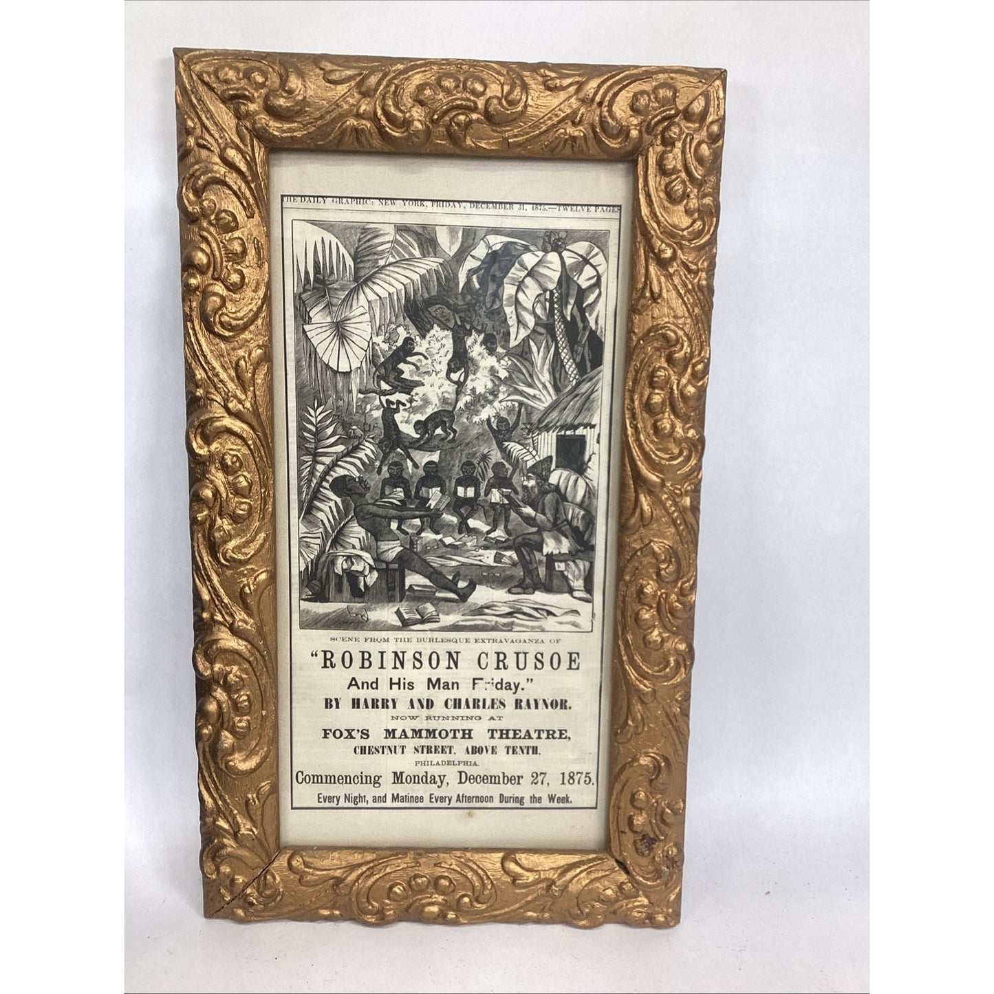 Framed Victorian Style Robinson Crusoe Theatre Poster W/ Ornate Gold Frame